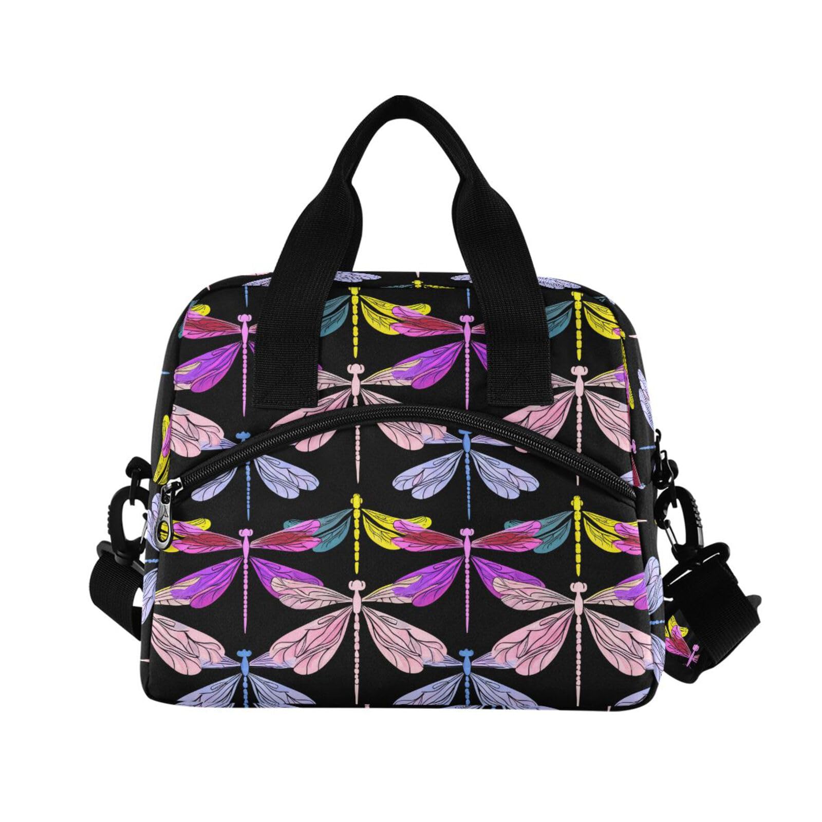 Insulated Lunch Bag Reusable Cooler Dragonfly Black Lunch Box Adjustable Shoulder Strap for Picnic Office School