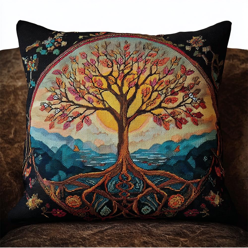Taxpy Latch Hook Kits for DIY Throw Pillow Cover, Tree of Life Colorful Handmade Pillow Case Cross-Stitch Embroidery Cushion for Home Decoration, Festival 17X17Inch