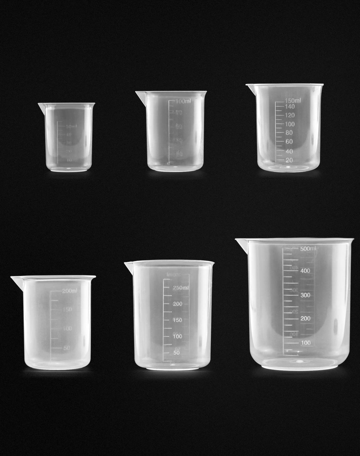 GZLFH 6 stuks laboratoriummaatbekers, transparante kunststof maatbekers 50 ml 100 ml 150 ml 250 ml 500 ml 1000 ml onbreekbare hittebestendige nauwkeurige schaal voor dagelijkse doe-het-zelf laboratoriummetingen