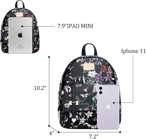 Miniatura 6 de KKXIU Mochila pequeña para mujer bolso de cuero convertible mini mochila cruzada para niñas Mochilas Daypack Negro, Flor negra, Negro (black