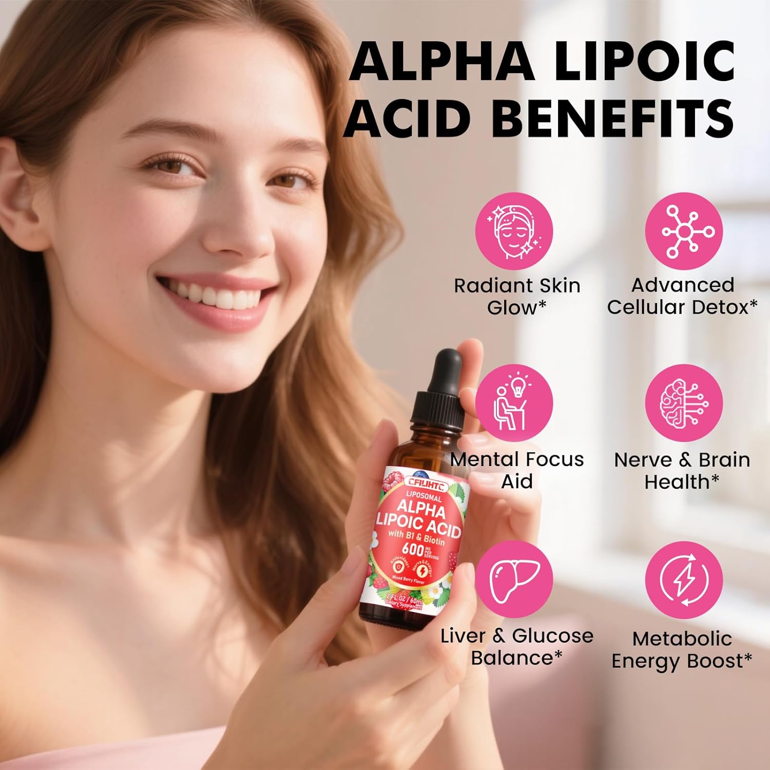Liposomal Alpha Lipoic Acid 600mg Drops- Liquid Alpha Lipoic Acid Supplement with Biotin & Vitamin B1 - Supports Antioxidant, Energy, Nerve & Brain Health - Mixed Berry Flavor 2 FL OZ - Image 2