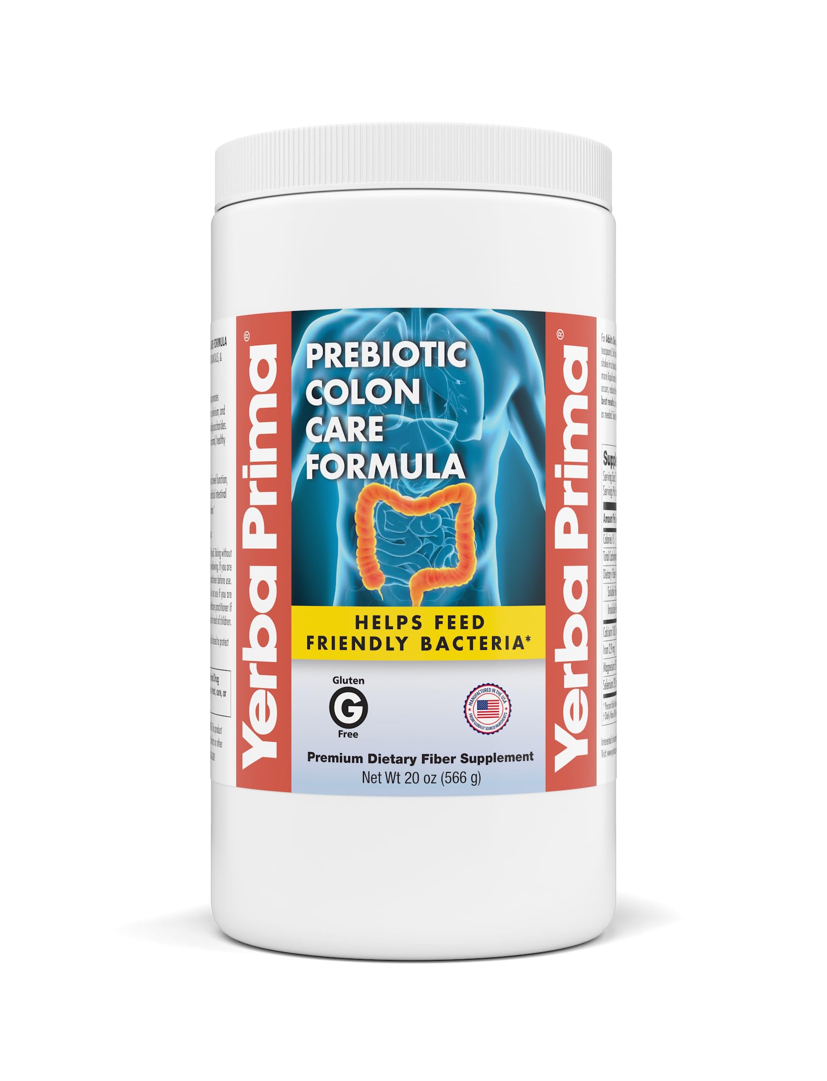Yerba Prima Prebiotic Colon Care Formula, 20 oz Powder with FOS - Natural Psyllium Fiber, Magnesium, Selenium - Non-GMO, Gluten Free, Vegan Daily Supplement - for Men & Women 20 Ounce (Pack of 1)