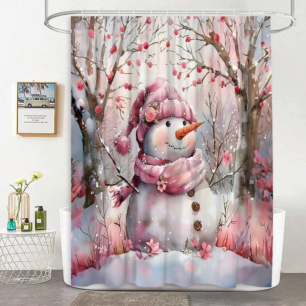 Pink Christmas Snowman Shower Curtain Rustic Flowers Romantic Winter Xmas Holiday Watercolor Fabric Bathroom Curtain with Hooks, 70Wx84H