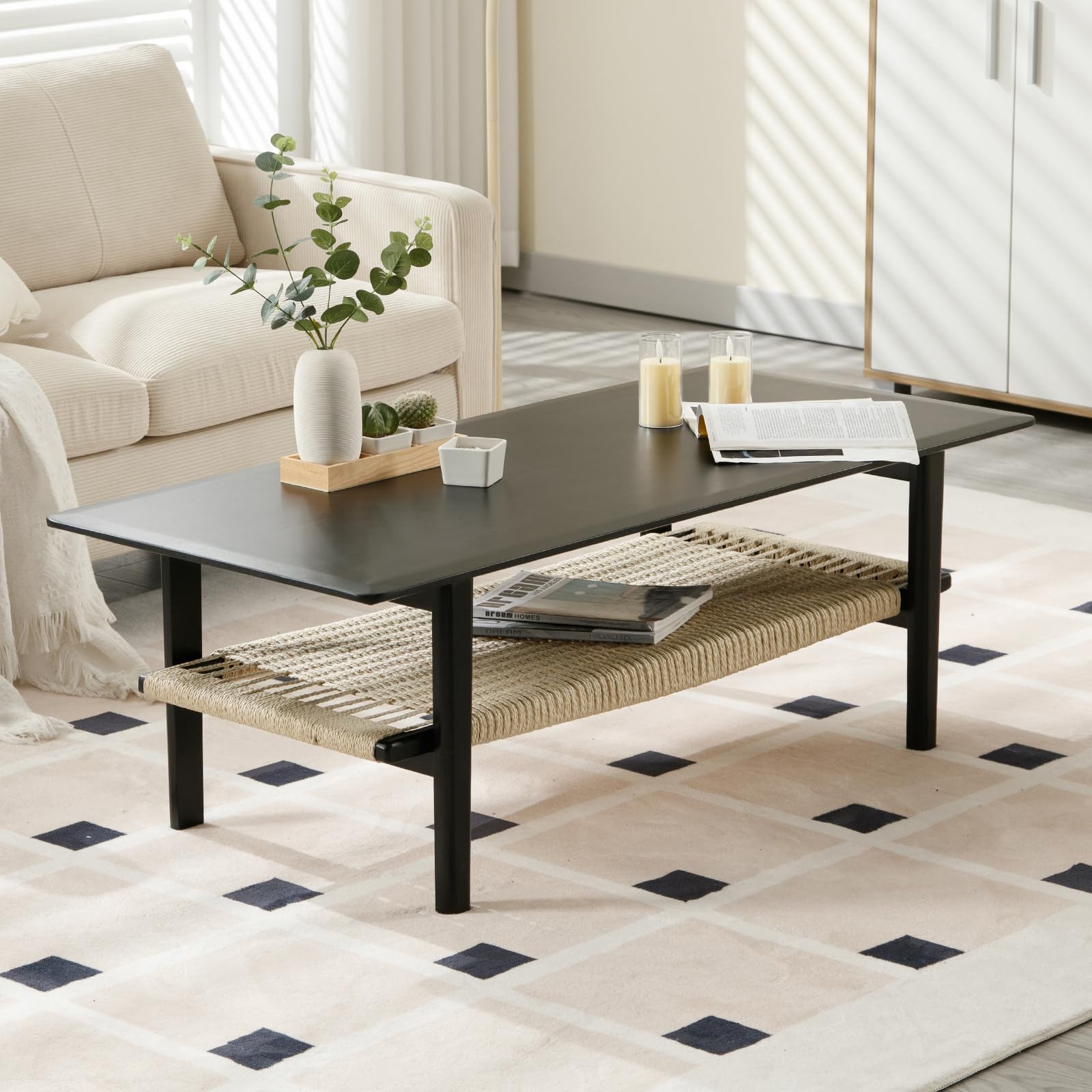 chairus Table Rectangulaire Salon, Table Basse Bois, Corde Tissée, Noir