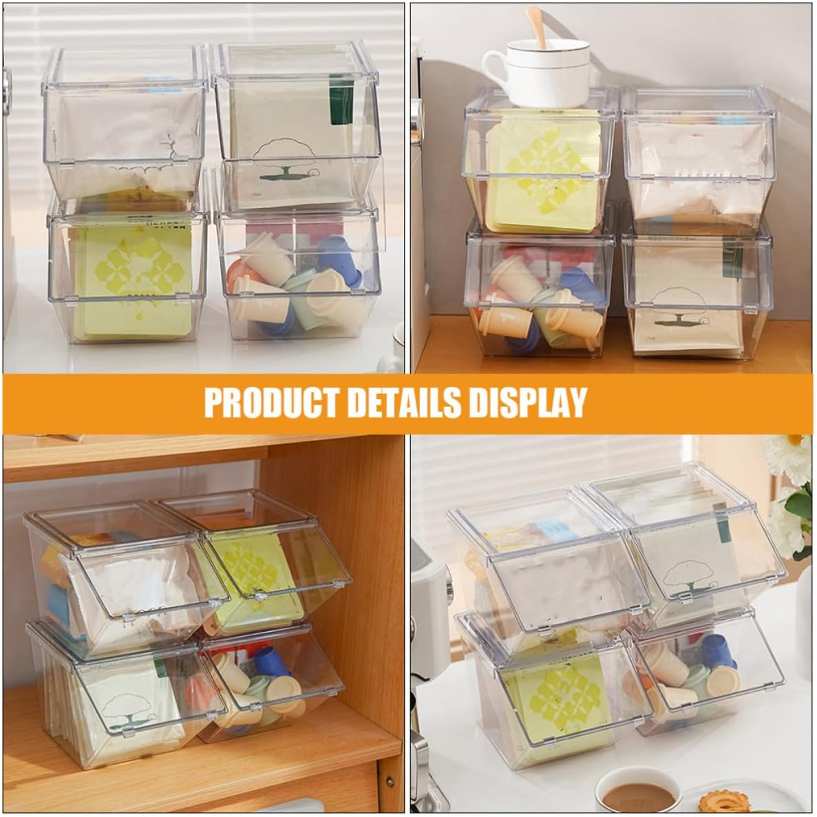 4pcs Acrylic Tea Bag Organizer with Lid, Stackable Large Capacity Tea Packet Storage Box for Coffee Bar, Smooth Surface Counter Decoration, Simple and Generous Style