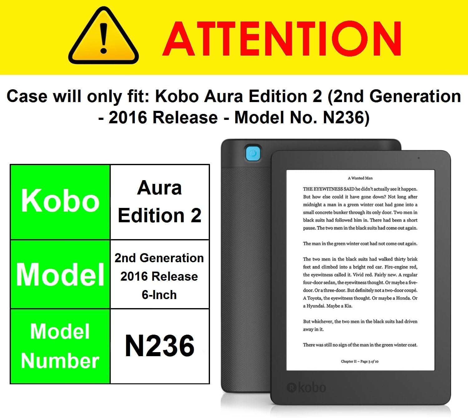 Forefront Cases Funda para Kobo Aura Edition 2 (Modelo: N236, 2016) - Delgado, Ligera y Protectora Funda para Kobo Aura Edition 2 (6") - Smart Auto Sueño Estela Función (Carcasa) - Negro - 4