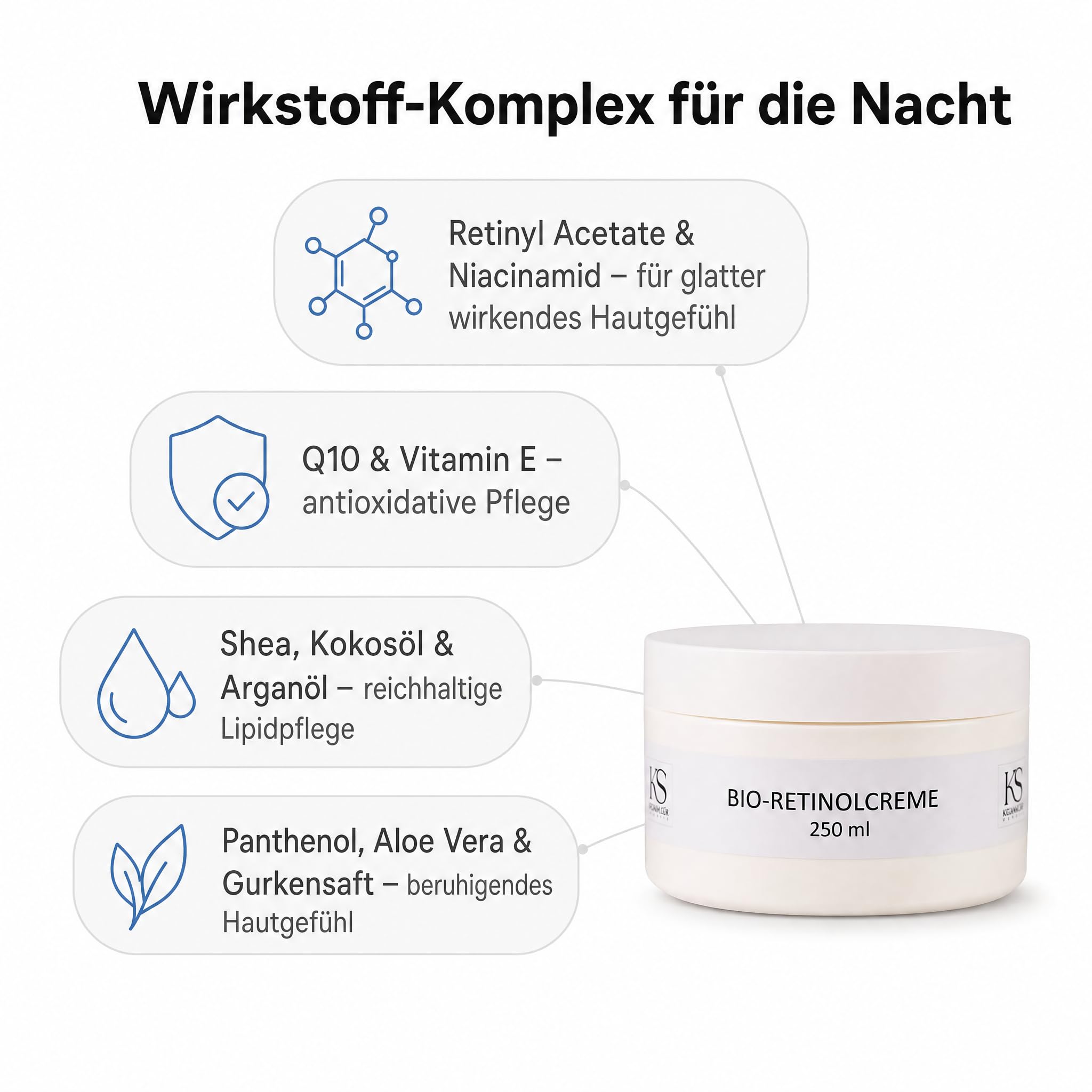 KS Beauty Bio Retinol Creme Nachtcreme, 250 ml, Anti-Aging | Reichhaltige Nachtpflege mit Retinyl Acetate, Niacinamid & Q10 – für Gesicht, Hals und Dekolleté