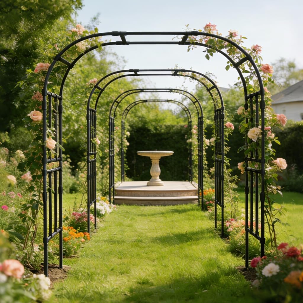 Heavy Duty Black Metal Garden Arch Trellis for Climbing Plants - Steel Arbor for Grape Vines, Roses, Easy Assembly Pergola for Patio & Backyard (16.1''L*79.1''W*87.0''H)