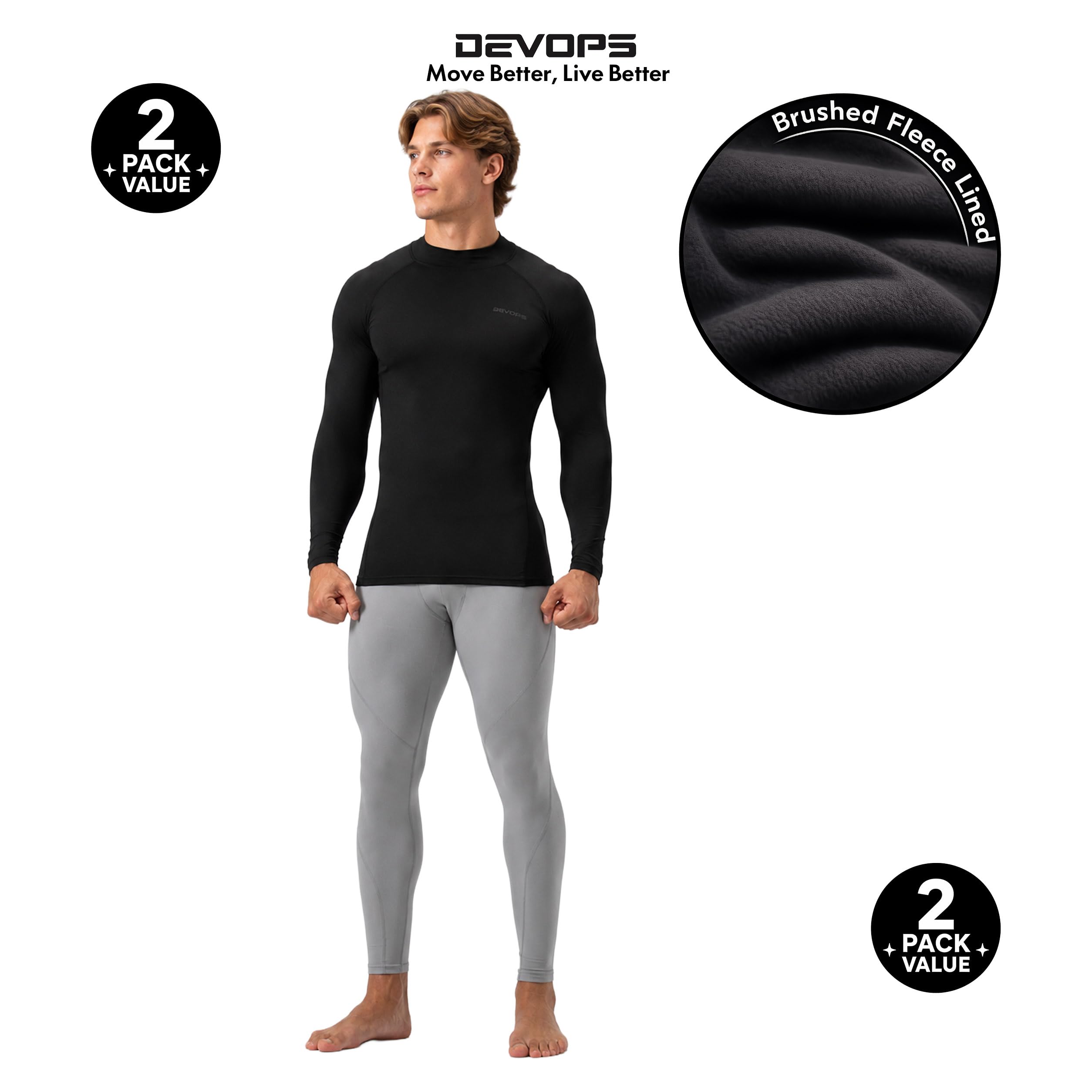 Devops Herren Devops 2 Pack Men's Thermal Mock Neck Long Sleeve Compression Shirts Fleece Lined Base Layer Tops Eng anliegend (2er Pack)