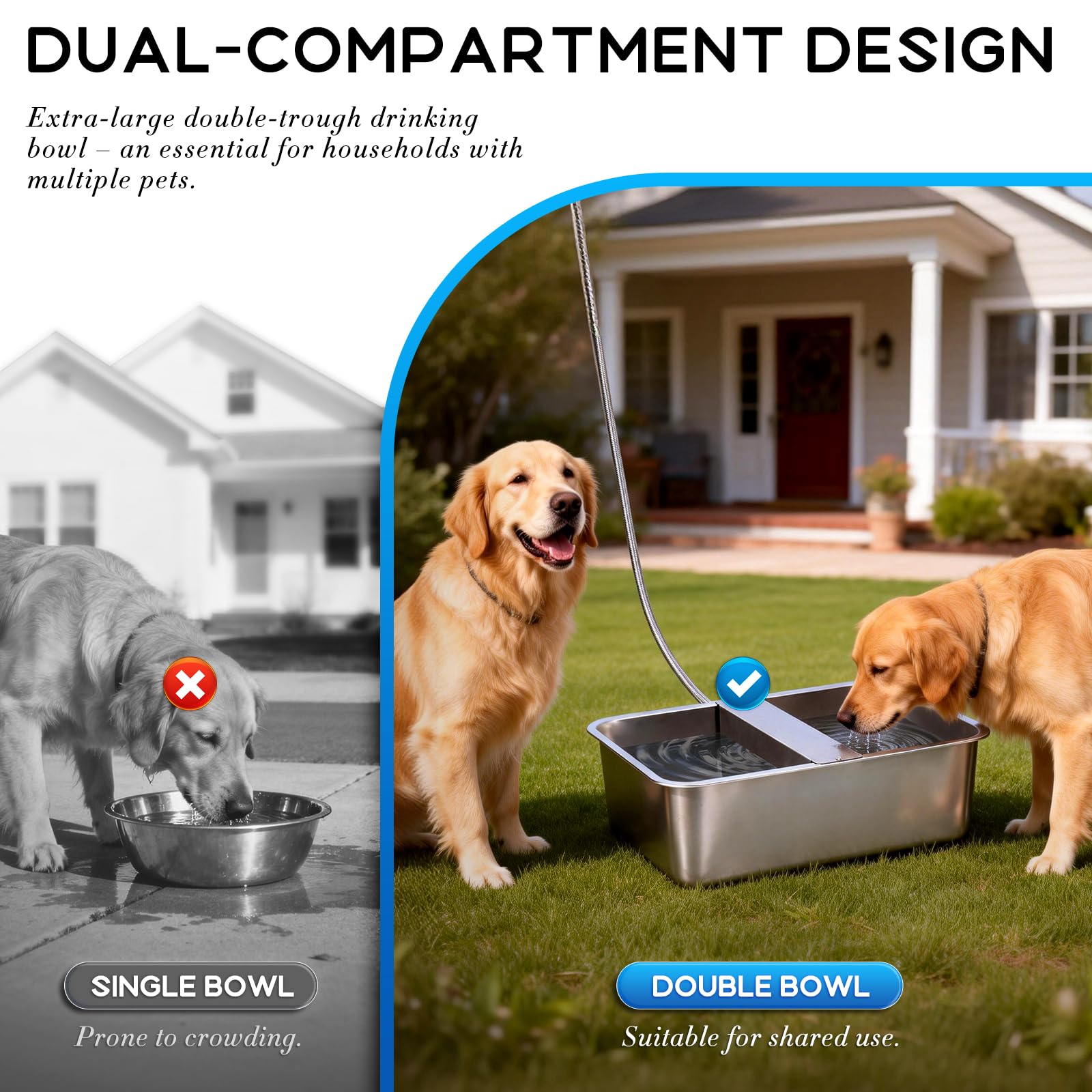Distributore Automatico di Acqua per Cani da 25L con Valvola Galleggiante, Abbeveratoio per Cani all'Aperto per Due Cani, Ciotola per Acqua per Cani a Gravità in Acciaio Inox (Autocompletar)
