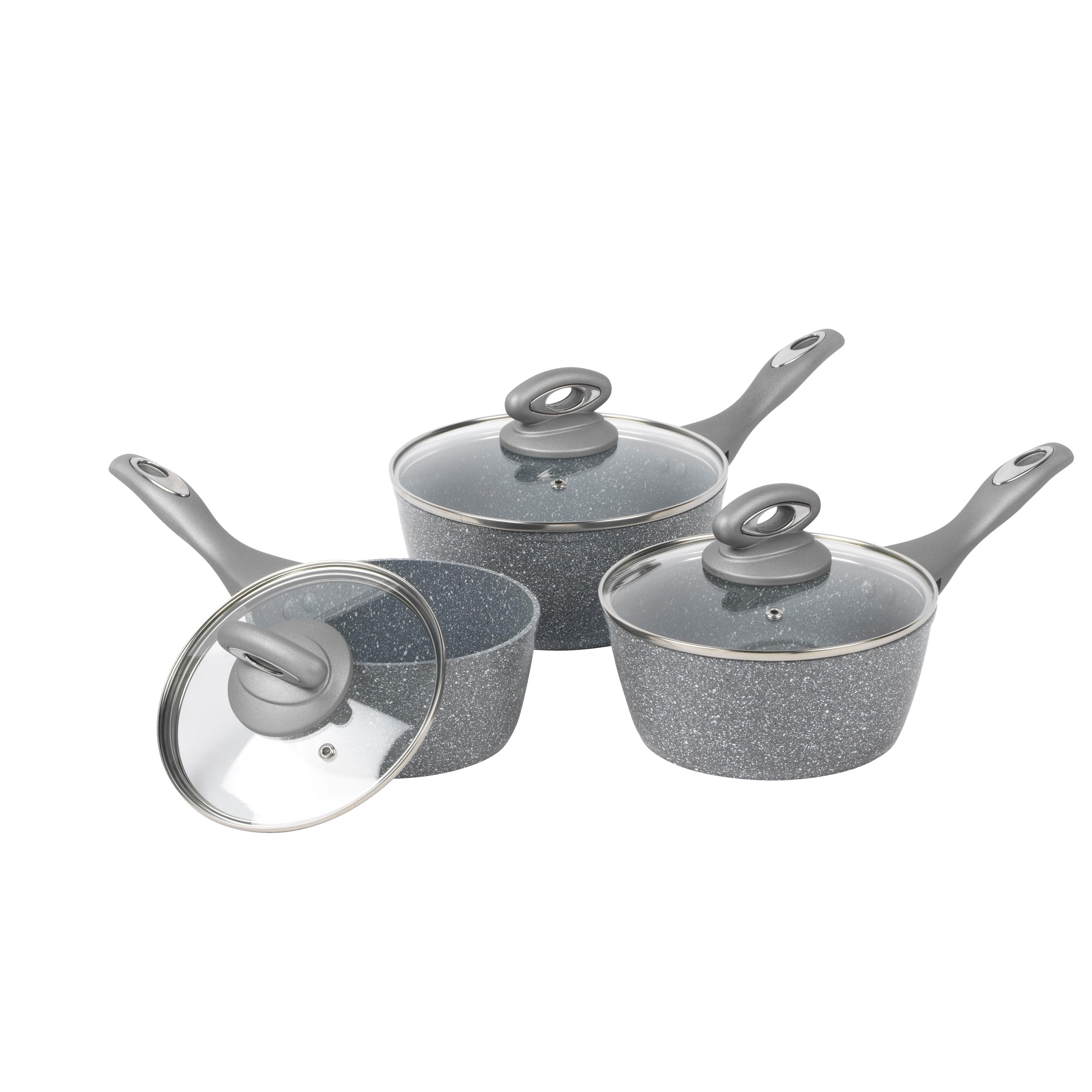 Salter BW02986G Juego De 3 Cazos De Cocina, 16/18/20 cm, Hecho De Aluminio Forjado Antiadherente, Cacerolas Con Mangos De Silicona Baquelita, Sin PFOA, Apto Para Inducción Y Lavavajillas, Gris Mármol