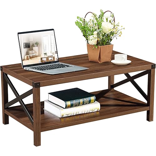 Lipo Rustic Coffee Table Farmhouse Modern Furniture Metal X Wood Rectangle Mid Century Modern Center End Tables for Living Room Sofa Side Table with Ottoman Storage Shelf Brown