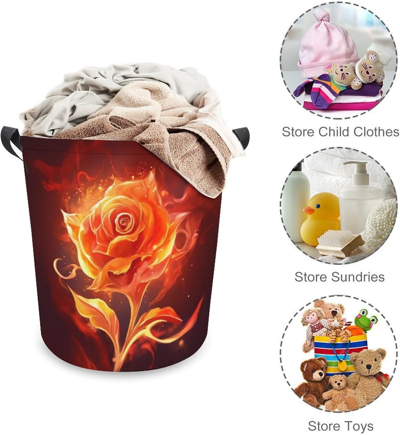Laundry Basket Waterproof Laundry Hamper with Handles Foldable Dirty Clothes Hamper Flame Rose Freestanding Laundry Bag Organizer Tall Storage Basket for Bedroom Bathroom Decor