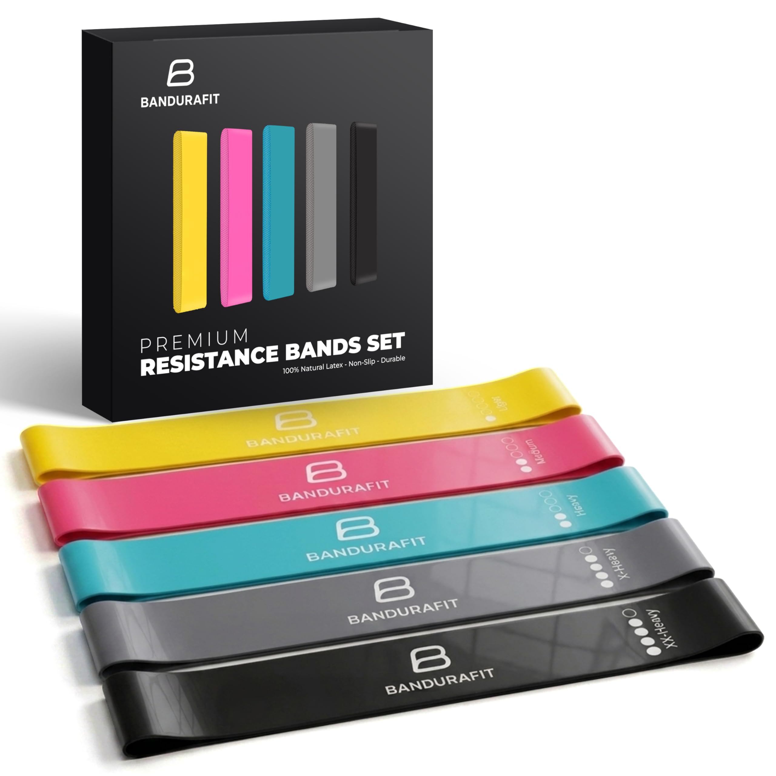BANDURAFIT Resistance Bands Set – 5 Strength Levels, Non-Slip Skin Friendly Latex Workout Bands for Women & Men, Glutes, Legs, Home Fitness & Full Body Training (Pastel Collection)