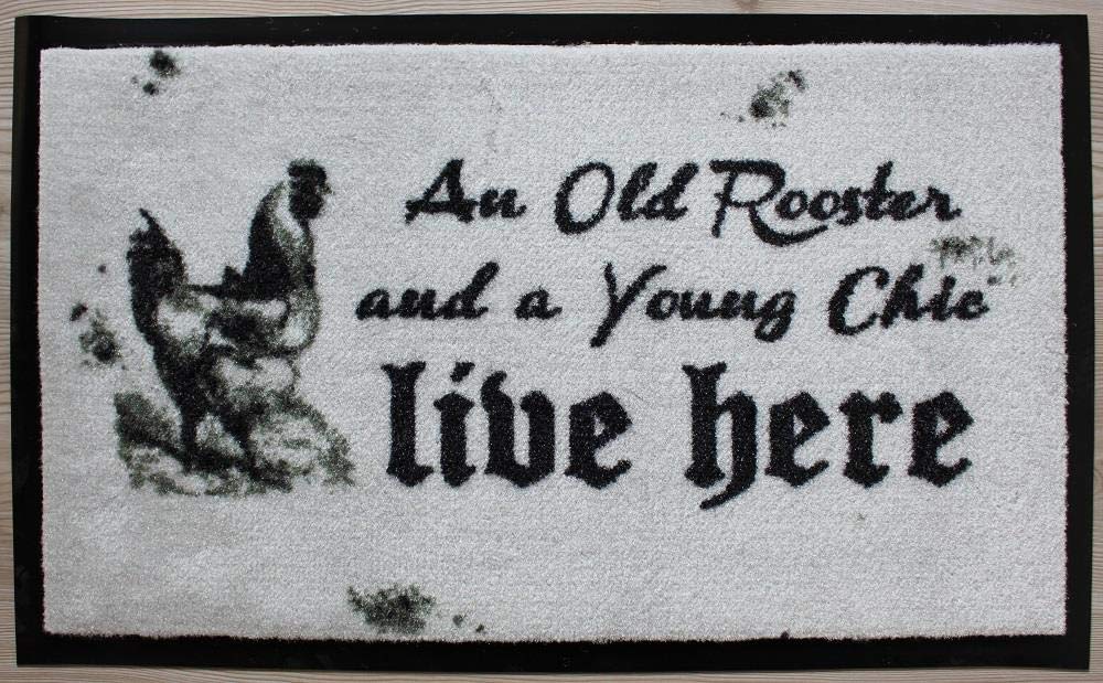 Decorative Coir Entrance Door Mat An old rooster & young chic live here 75 cm x 45 cm