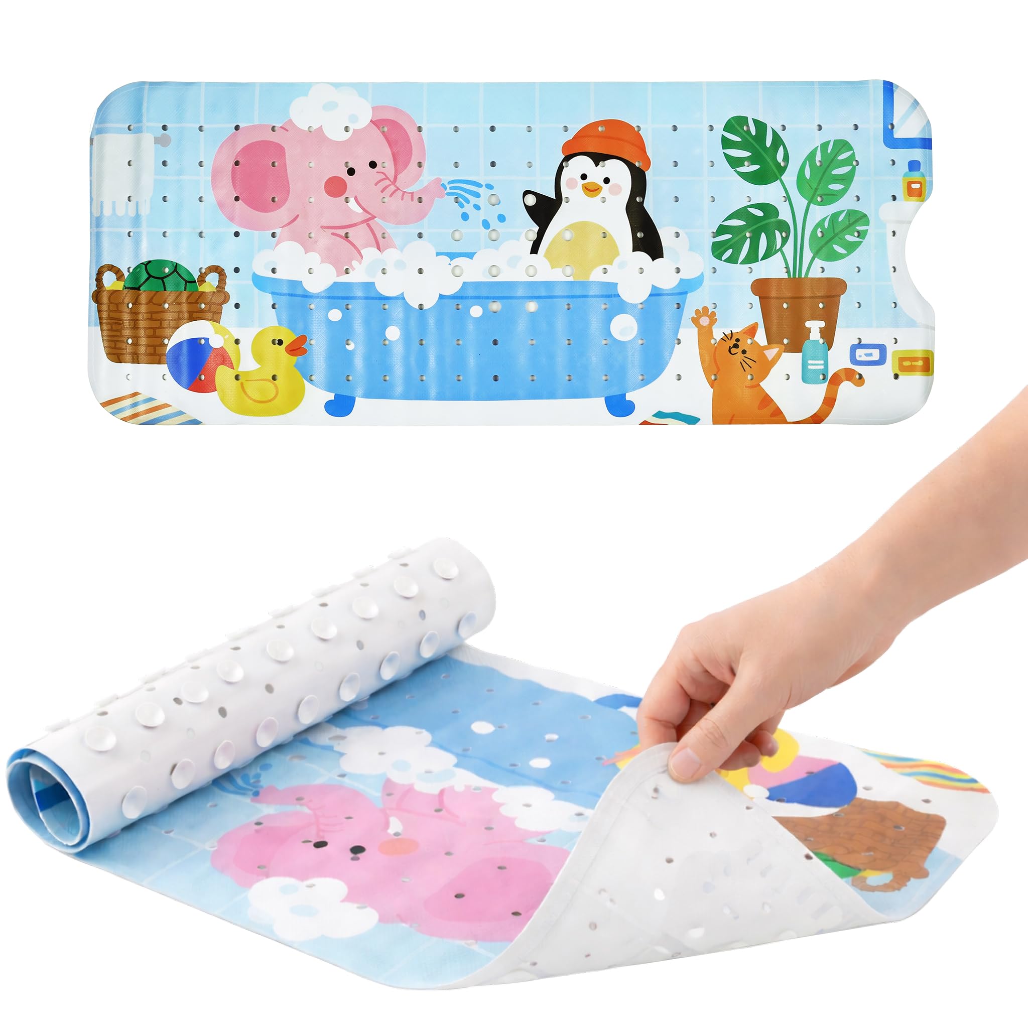 Kids Bath Tub Mat, Blue, Playful Animal Design, BPA Free, Suction Cups, Machine Washable, with Drainage Holes-image-7