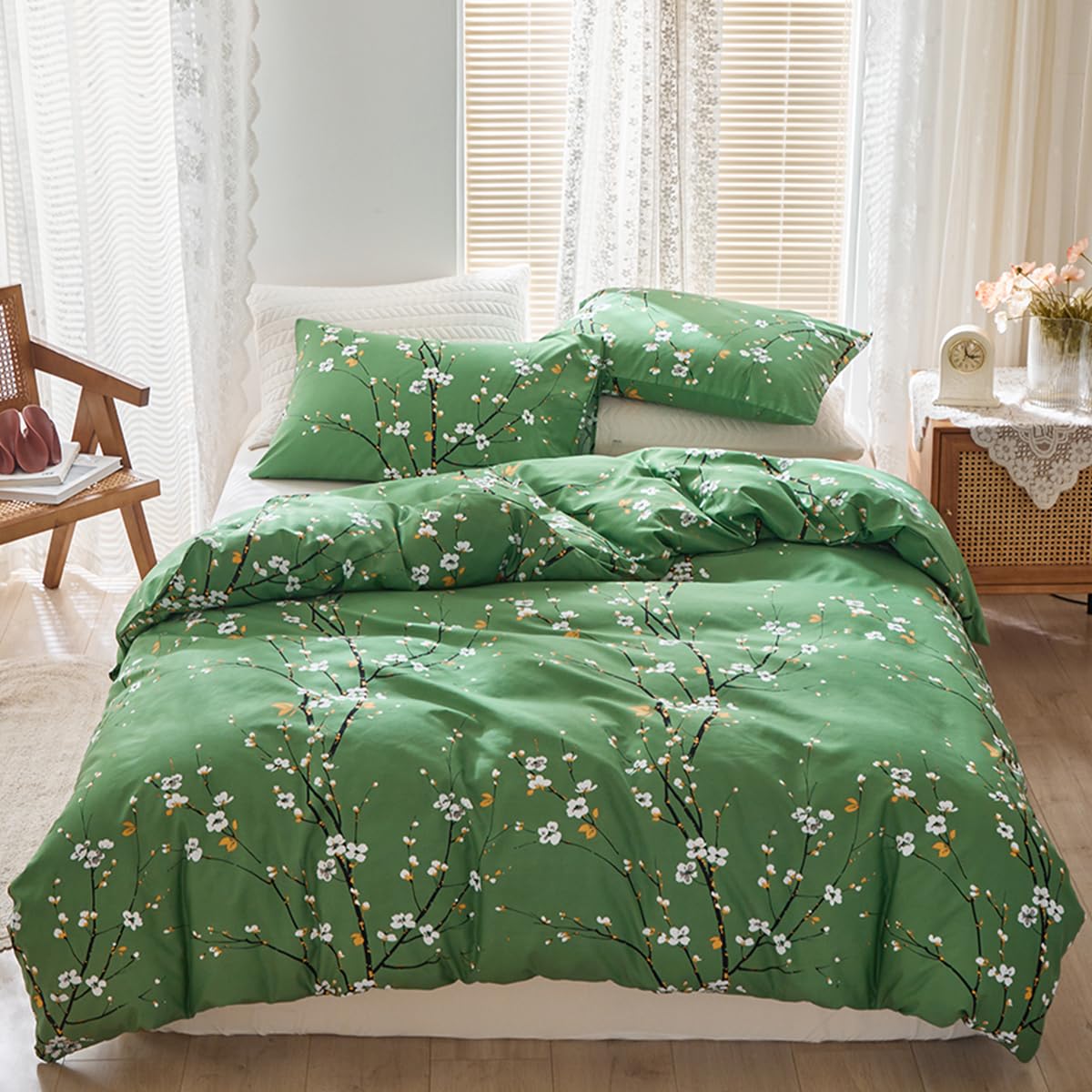 STYHO Floral Single Duvet Cover Sets Green Plum Blossom Flowers Bedding Set Soft Reversible Farmhouse Botanical Branch Printed Quilt Covers with Pillowcase(Green