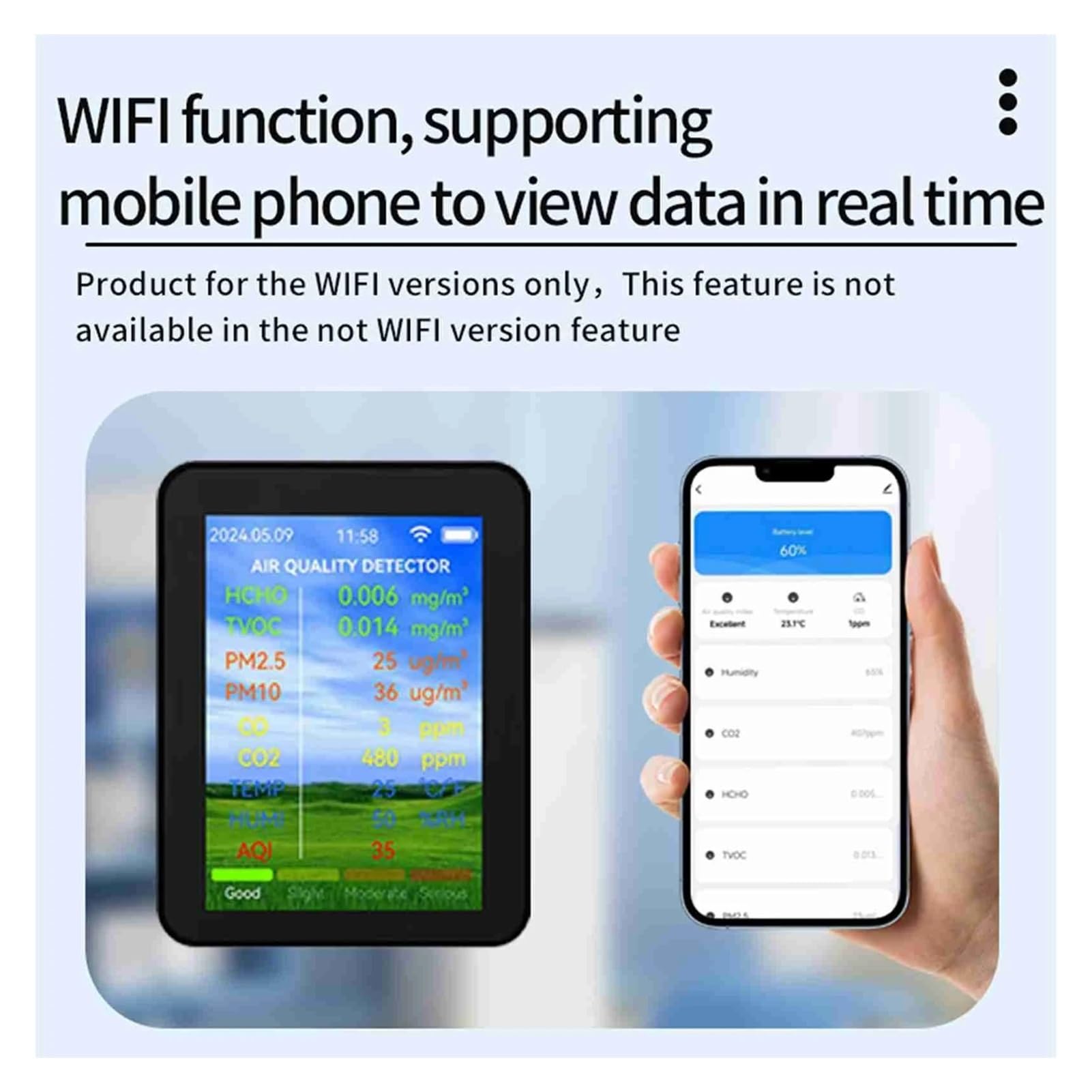 Controllo APP Multifunzionale 5 | Con In 1 LCD Digitale Monitor A Qualità 'aria Biossido TVOC HCHO Rilevatore Di Umidità E per testare telecamere CCTV e IP.