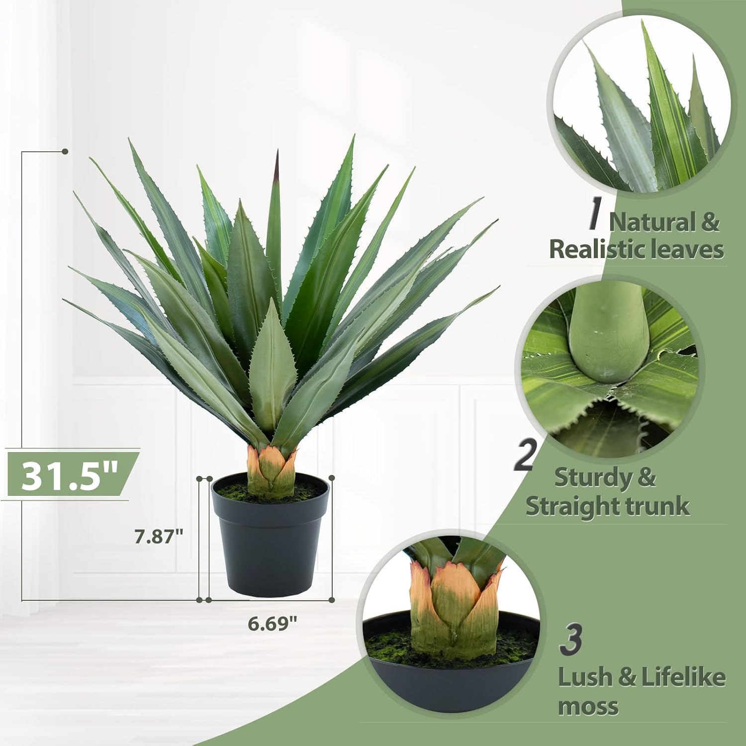 2.6FT Artificial Spiked Agave Plants Tall,32"Fake Silk UV Resistant Plants with 24 Lifelike Leaves and Lush Moss, Realistic Faux Succulent Yucca Plants for Home Outdoor Patio Garden Indoor Decor 2Pack