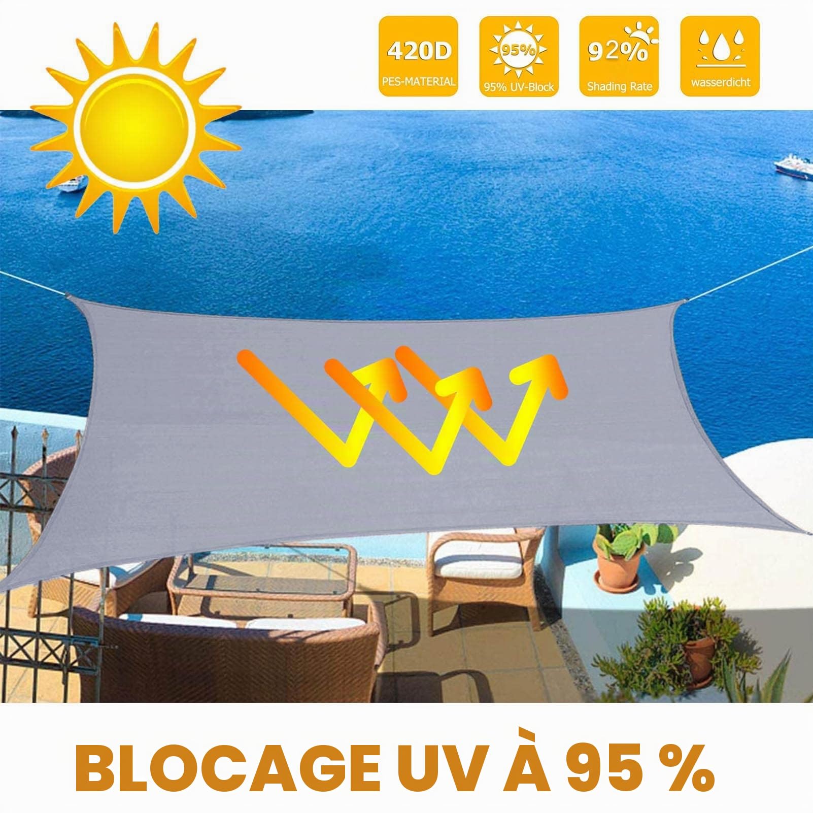 Sunal Voile d'ombrage rectangulaire 3x5m,Polyester PES imperméable,Protection avec Cordes de Fixation, Gris