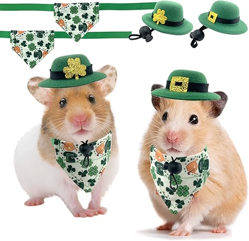 CooShou Sombreros y bandanas para el Día de San Patricio, 4 piezas, sombrero de bolero de conejo con decoración de trébol, conejo, hámster, bandana