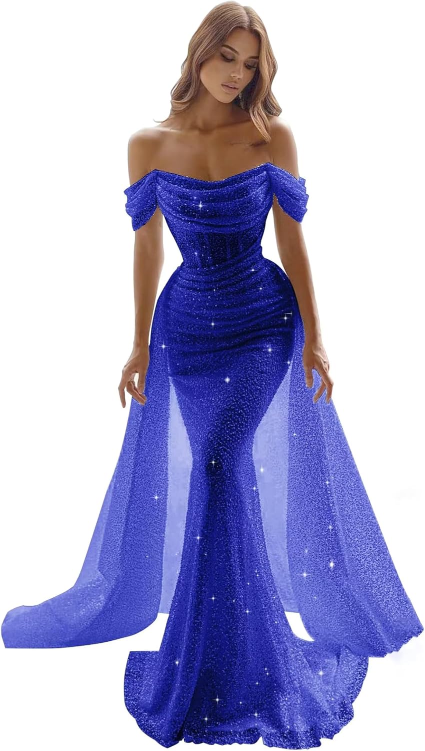 Mermaid Prom Dresses for Women Sparkly Sequins Strapless Formal Dress Detachable Train Off Shoulder LW113