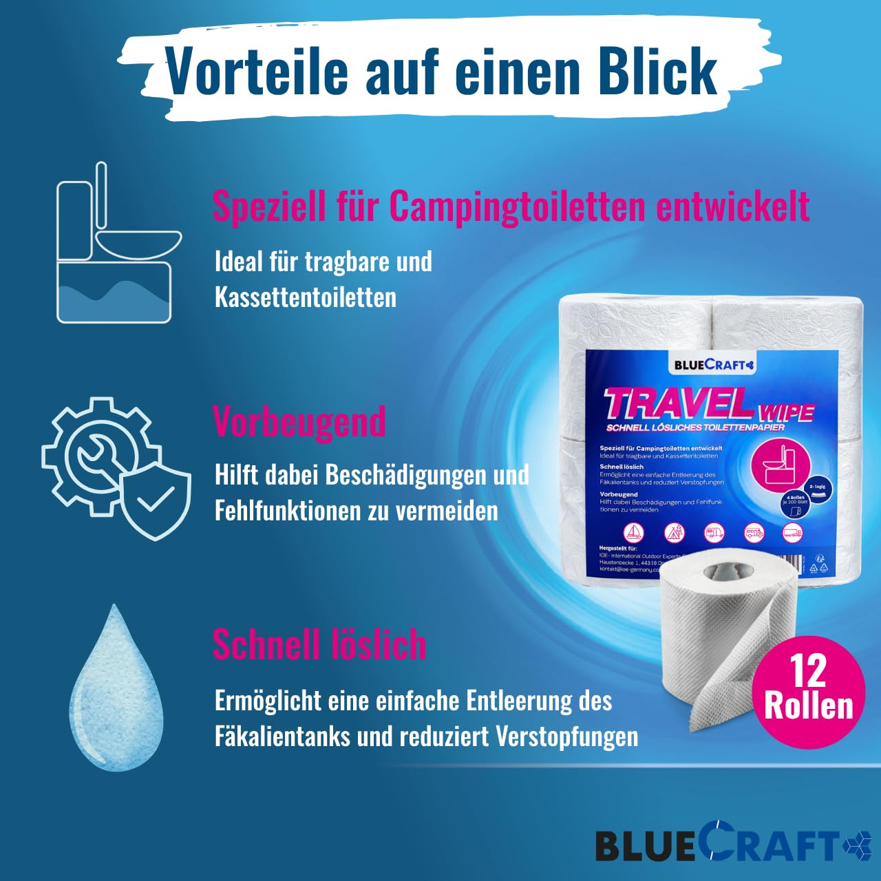 Bluecraft Lot de 12 rouleaux de papier toilette auto-dissolvant, pour camping, camping-car, caravane, bateau - 2 couches - Pour toilettes de camping, toilettes chimiques - Sans obstruction et à