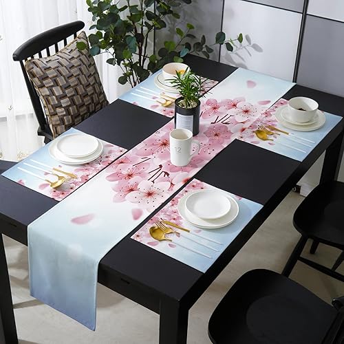 Juego de manteles individuales de flores degradadas con camino de mesa de arpillera de algodón y lino 2 tapetes de lugar camino de 13 x 90 pulgadas