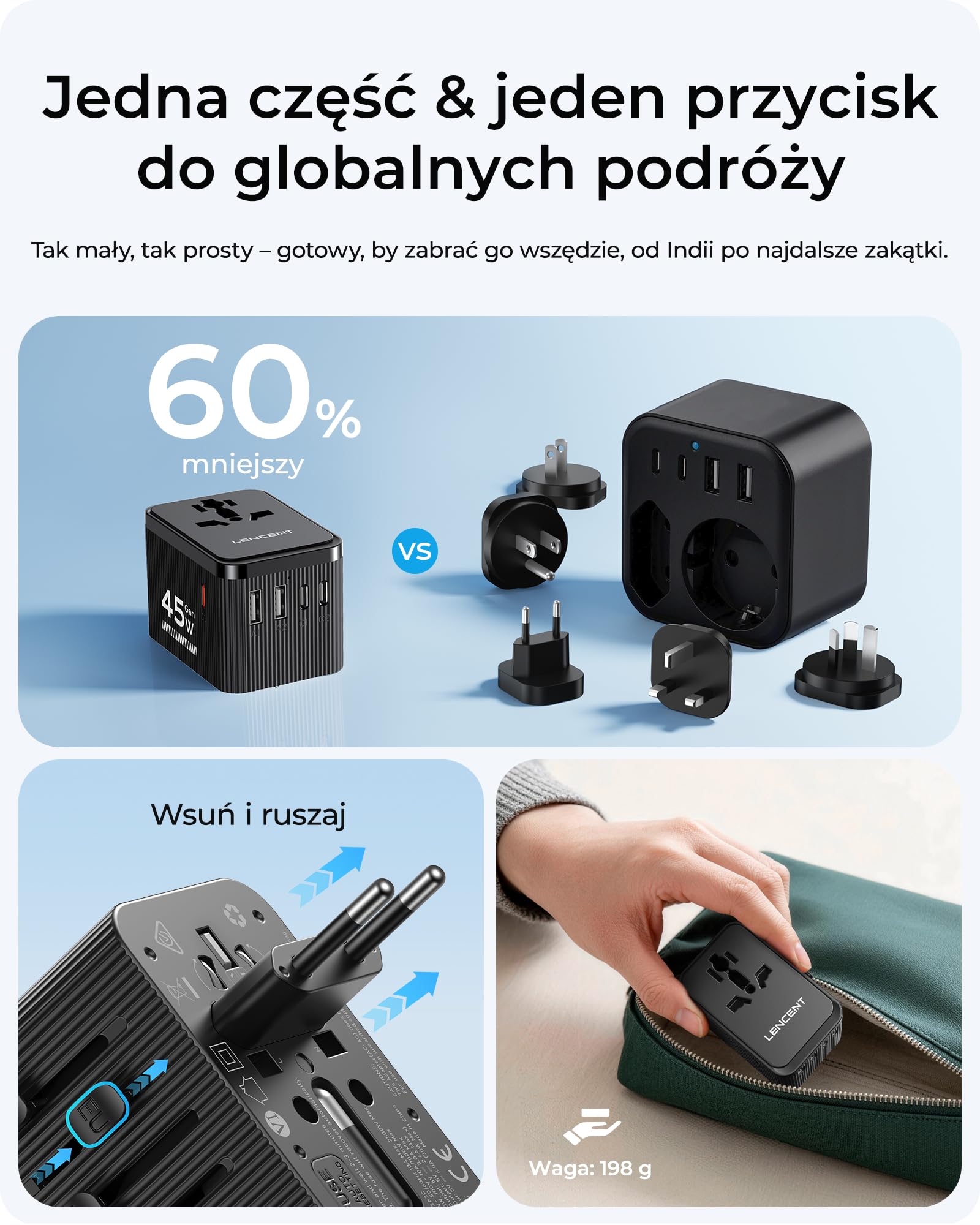 LENCENT Uniwersalny zestaw adapterów podróżnych, międzynarodowy adapter