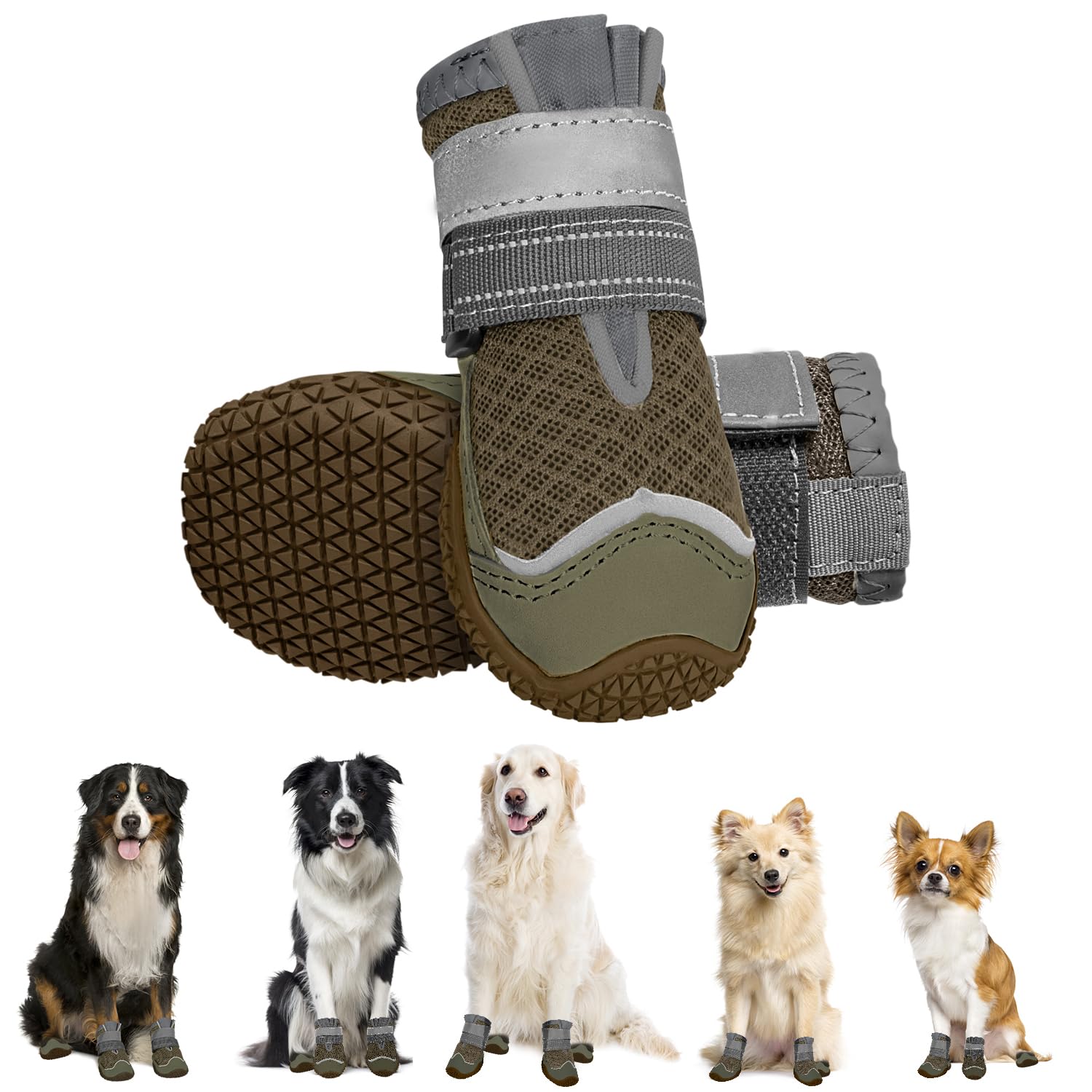 Eyein Hundeschuhe Pfotenschutz, atmungsaktiv Hundeschuhe mit Rutschfester Sohle und reflektierendem Klettverschluss für kleine, mittlere und große Hunde