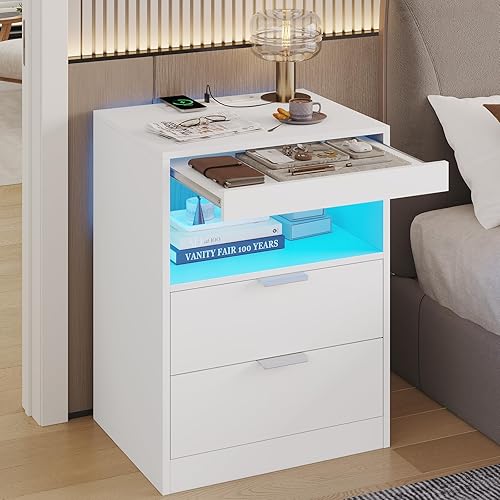 Miniatura 2 de ADORNEVE Mesita de noche LED blanca con estación de carga inalámbrica, 2 cajones, moderna mesa auxiliar de dormitorio con luces LED, mesa de noche