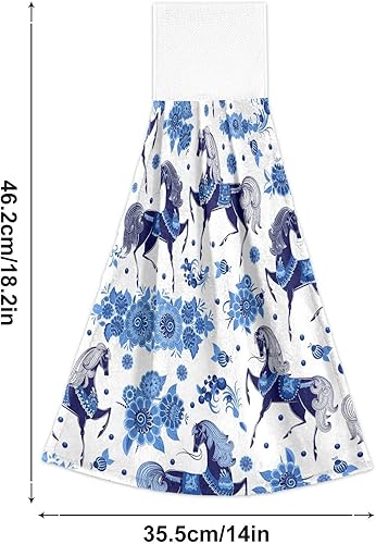 Miniatura 3 de Juego de 2 toallas de cocina colgantes con diseño floral de caballo azul, suaves, absorbentes, toallas de mano de terciopelo coral, toallas de mano