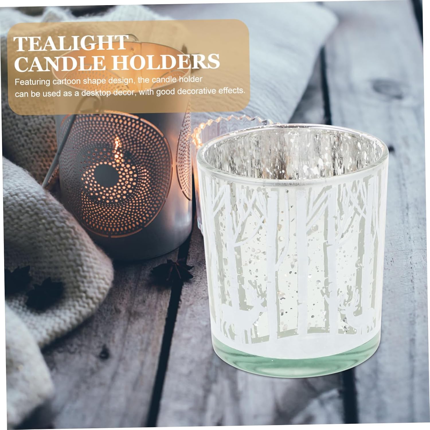 2pcs Glass Christmas Candle Holder Silver Tree and Reindeer Design, Desktop Decorative Tealight Candle Stand for Holiday Party and Table Décor