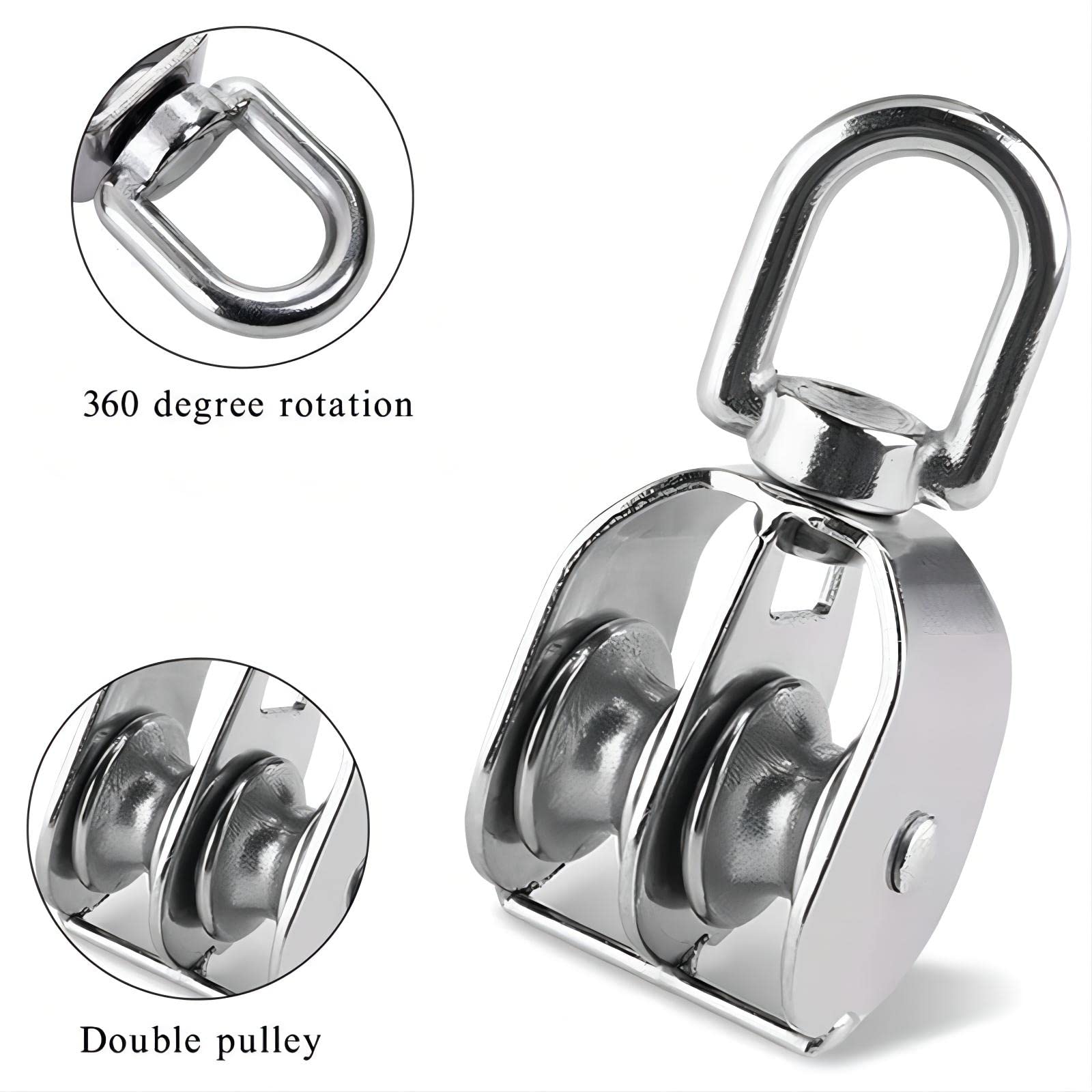2PCS M32 Doppia Puleggia Blocco 304 Acciaio inossidabile Heavy Duty Doppia Ruota Girevole Cavo Massimo Carico 551 lbs/250kg