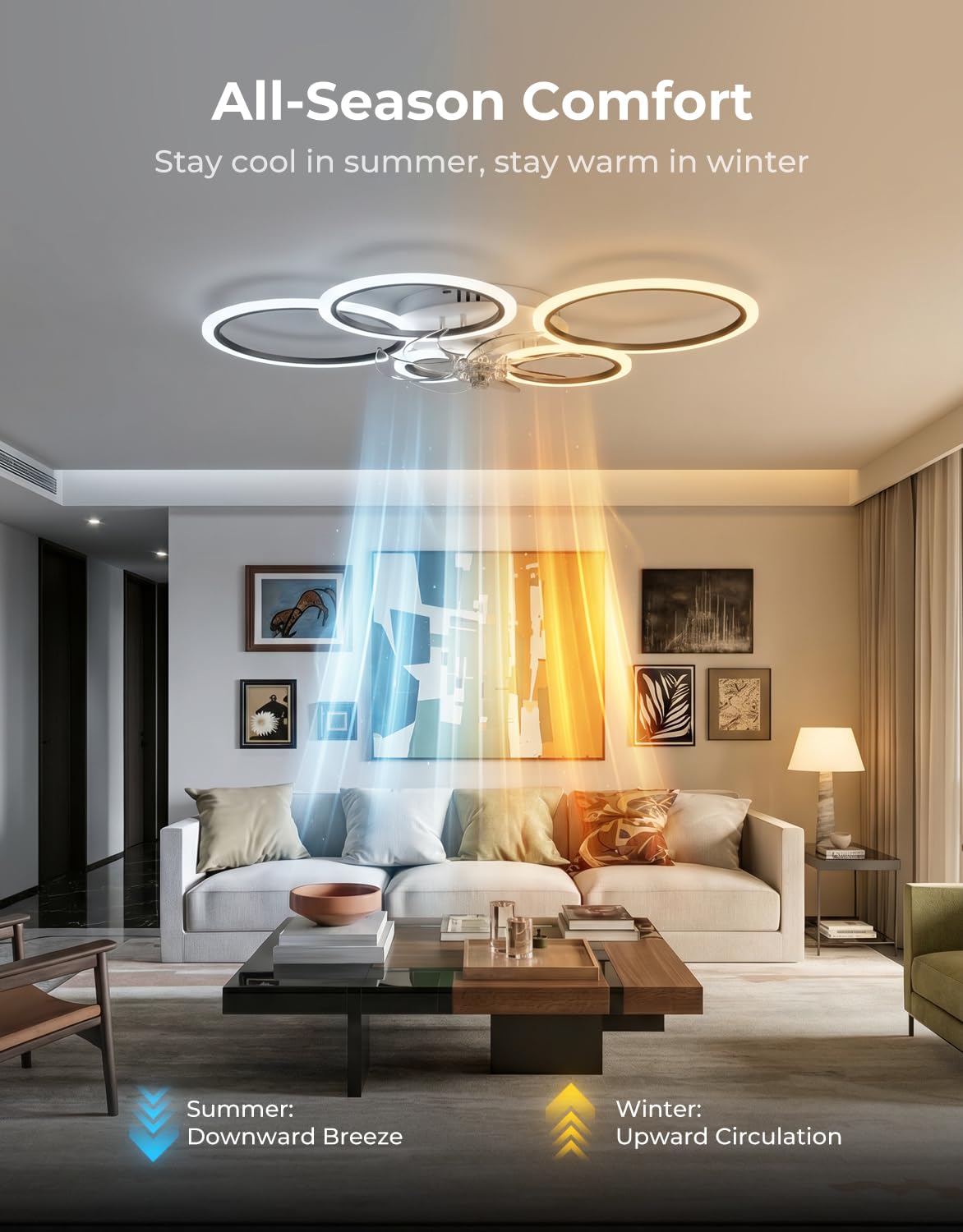 Lampe Ventilateur Plafond Noir Moderne Silencieux Cercle Plafonnier Ventilateur avec Telecommande Moteur DC Réversible Mode Eté Hiver pour Chambre Salon Cuisine, 100cm
