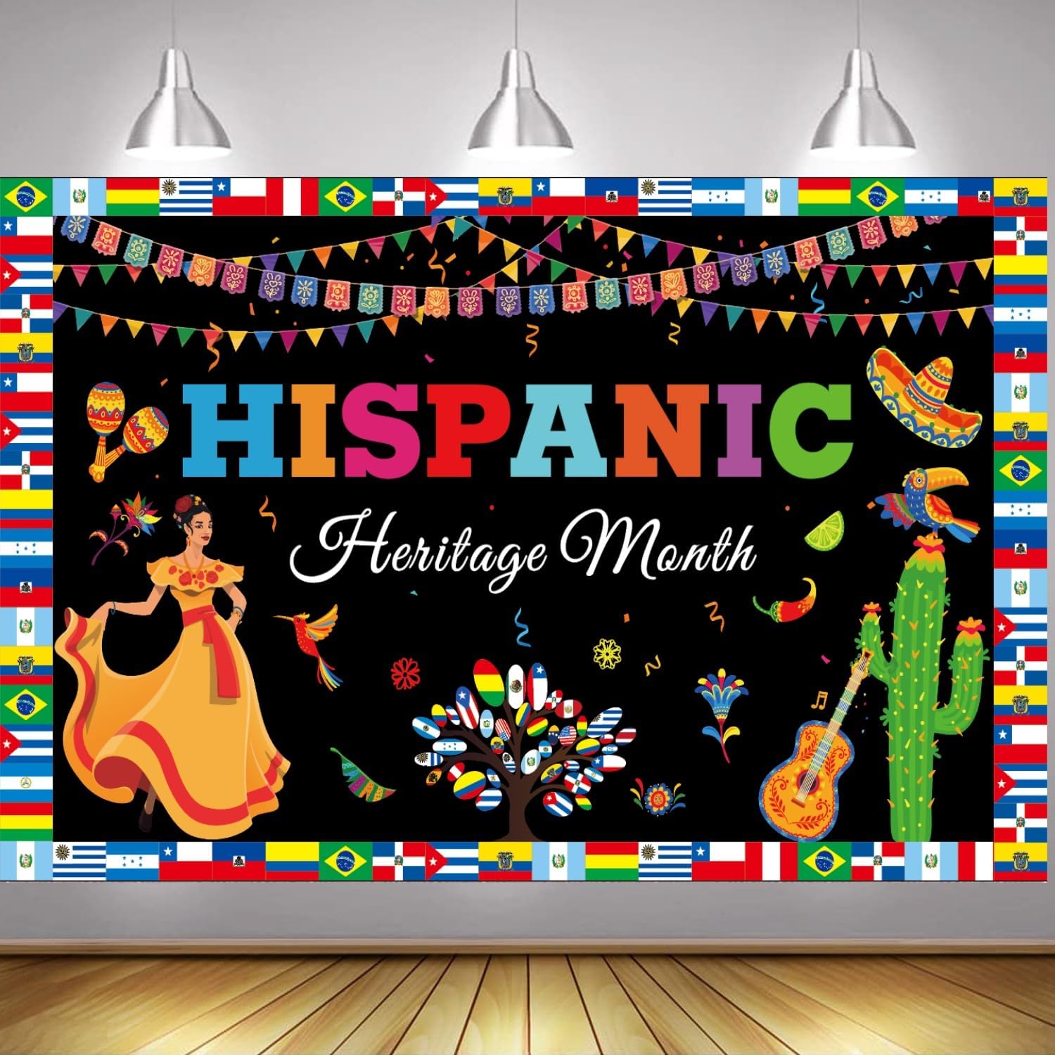 Hispanic Heritage Month Backdrop, Latin American Spanish Classroom Banner 5.9 x 3.6 Feet, Traditional Cultural Decorations for National Hispanic, Photo Booth Background for Home & School Black