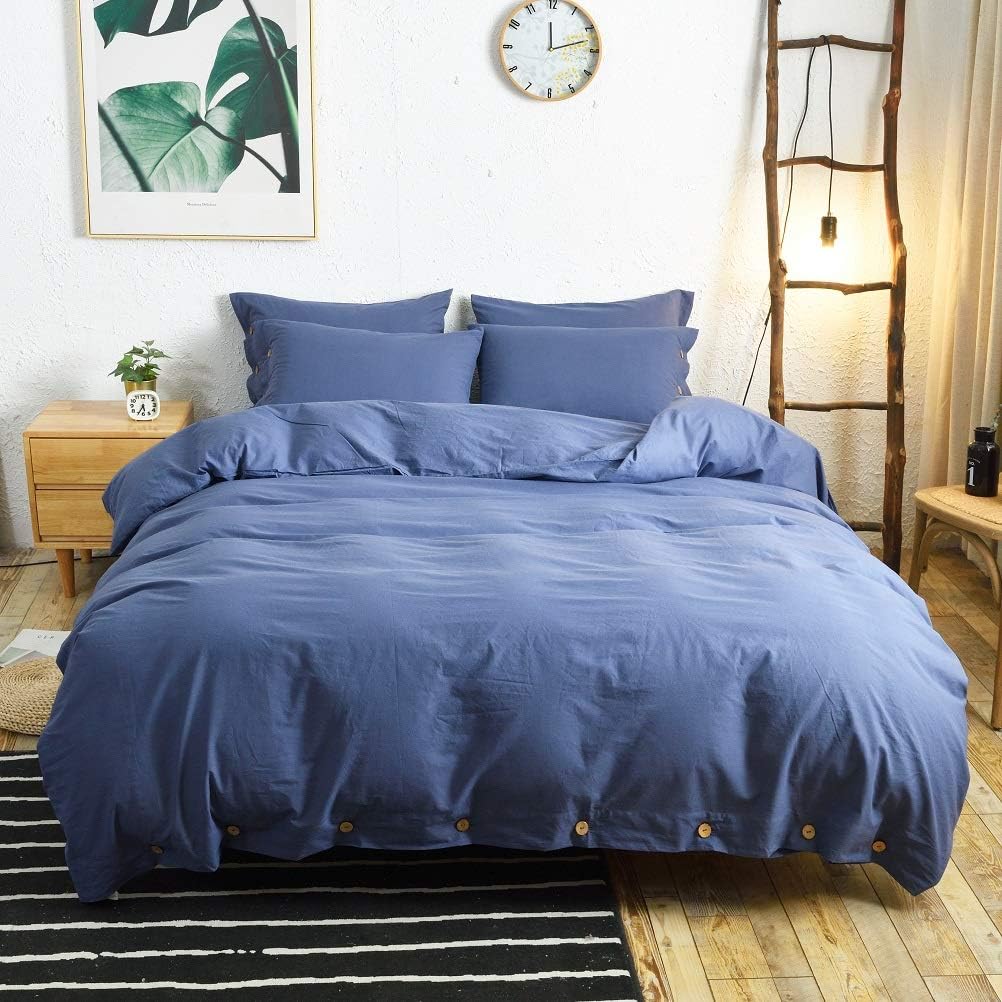 M&Meagle 3 Pieces Blue Duvet Cover King,100% Washed Cotton Duvet Cover with Button Closure,Ultra Soft Natural Cotton Bedding Set-King Size(1 Duvet Cover 2 Pillowcases)