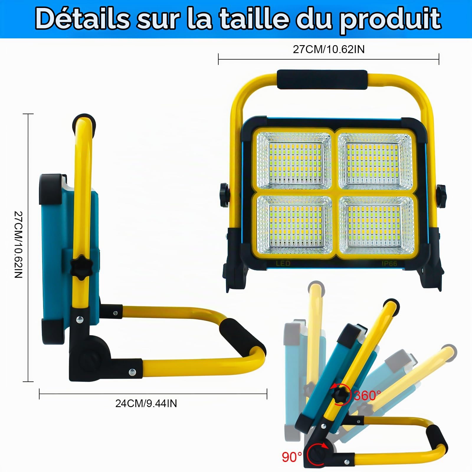 100W Projecteur LED Rechargeable,Projecteur Chantier Rechargeable avec Support et Batterie 16500mAh, Type-C et Solaire Rechargeable, 4 Modes d'éclairage pour Camping, Travail, Pêche