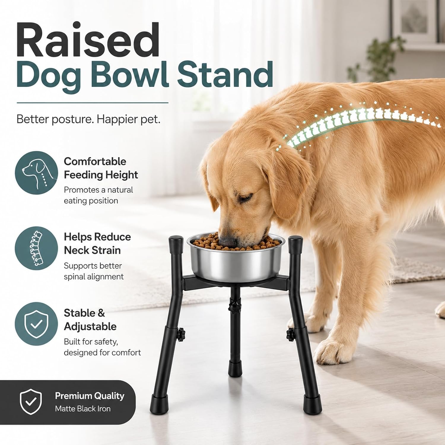 Elevated Dog Bowl Stand with Waterproof Pet Feeding Mats(No Bowl) | Adjustable 3 Heights 8.8/10.8/12.5 in, Width 6.3-10.2 in, Metal Elevated Water & Food Feeder for Medium Large Senior Dogs