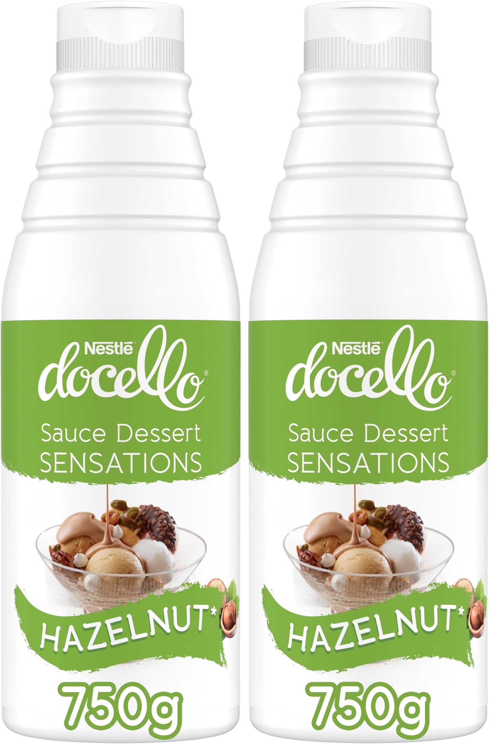 NESTLÉ DOCELLO Sauce Sensation Hazelnut - Sauce Dessert Noisette - Forte Teneur en Noisette (12%) - Aide à la Pâtisserie, Topping, Nappage Gâteau, Coulis - Bouteille Squeeze - 750g (Lot de 2)