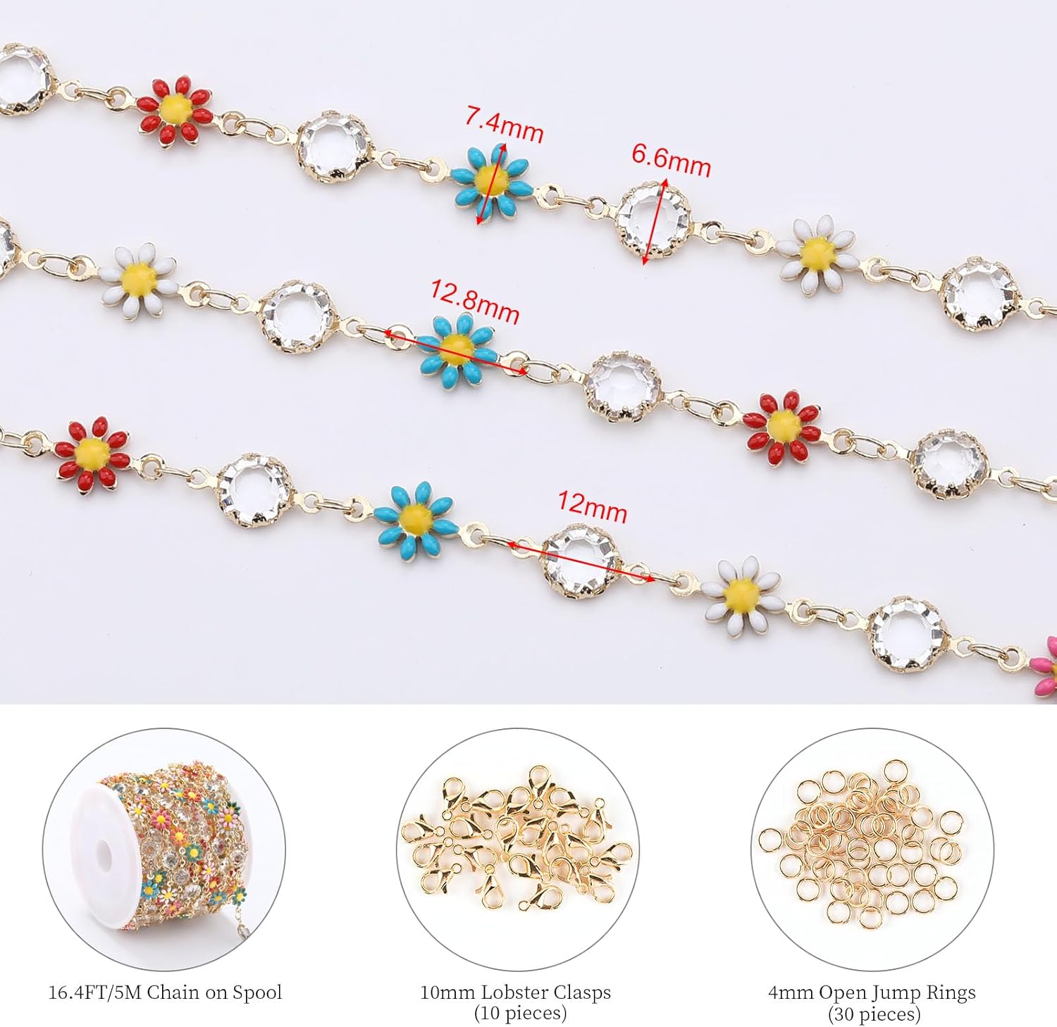 KYUNHOO 16.4FT/5M Multicolored Daisy Flowers Jewelry Chains for Making Jewelry Clear Rhinestone Chain Roll Beaded Jewelry Making Chain on Bulk for Craft DIY - Image 2