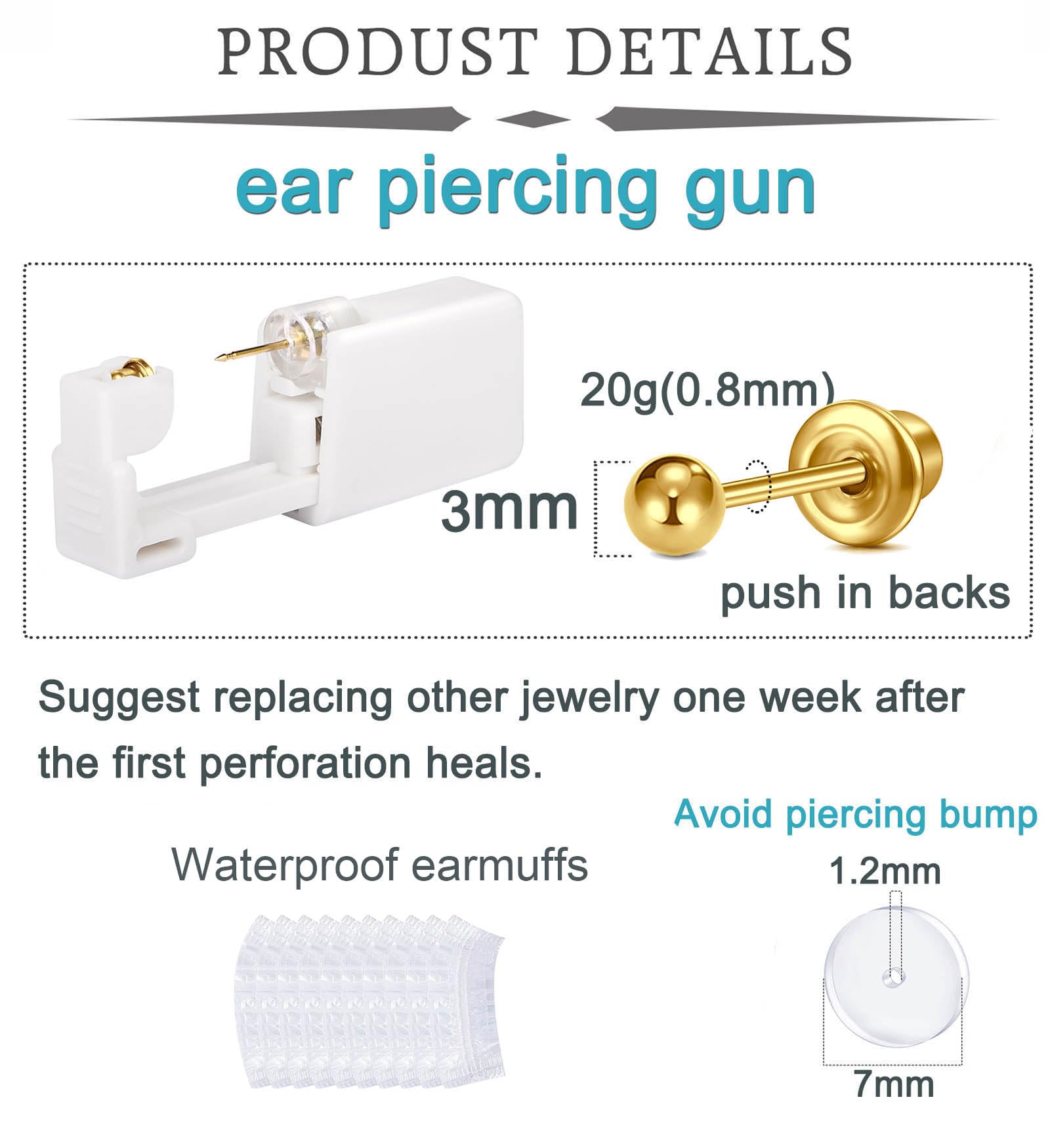 QWALIT Kit per piercing all'orecchio Kit pistola per piercing all'orecchio in oro Kit di piercing per orecchini autoperforanti Kit di piercing usa e getta con orecchino dorato con retro piatto Helix