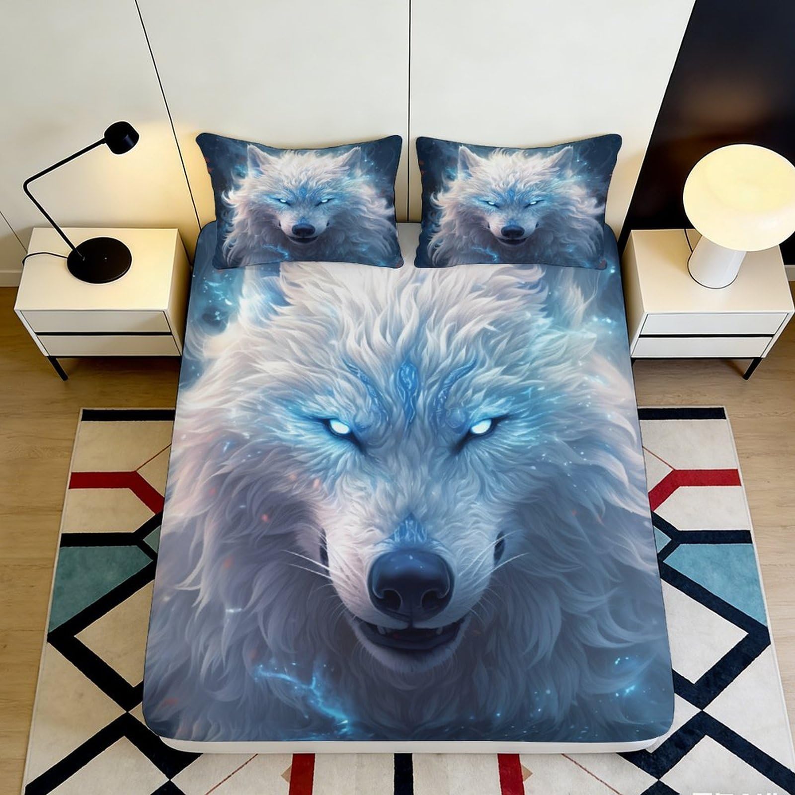 3D Printed White Wolf Fitted Sheet Microfiber Soft Durable Blue Spirit Bed Cover for Bedroom Dormitory Guest Room Mattress Protection 90x200x25cm
