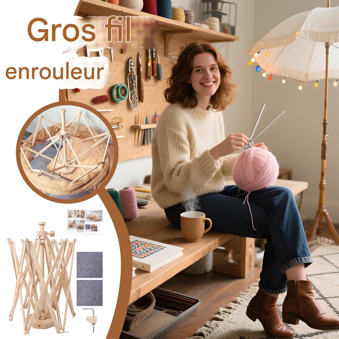 Genérico Bobinado Lana Paraguas – Giratorio Lana para Ganchillo, Soporte Artesanal de Madera Accesorios para amantes de tejer y ganchillo