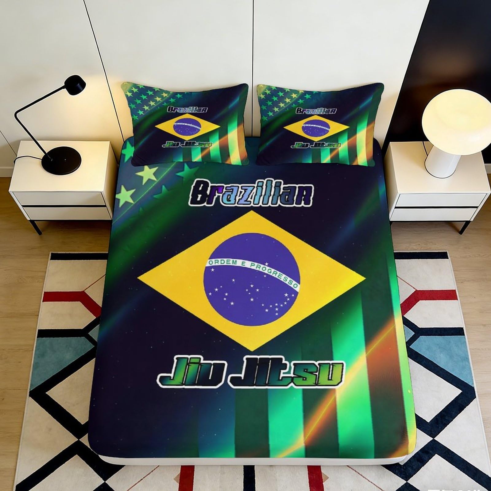 3D Printed Brazilian Jiu Jitsu Fitted Sheet Microfiber Non-Slip Deep Pocket Brazil Mattress Fitted Cover Bedroom Bedding for Adults 180x200x25cm