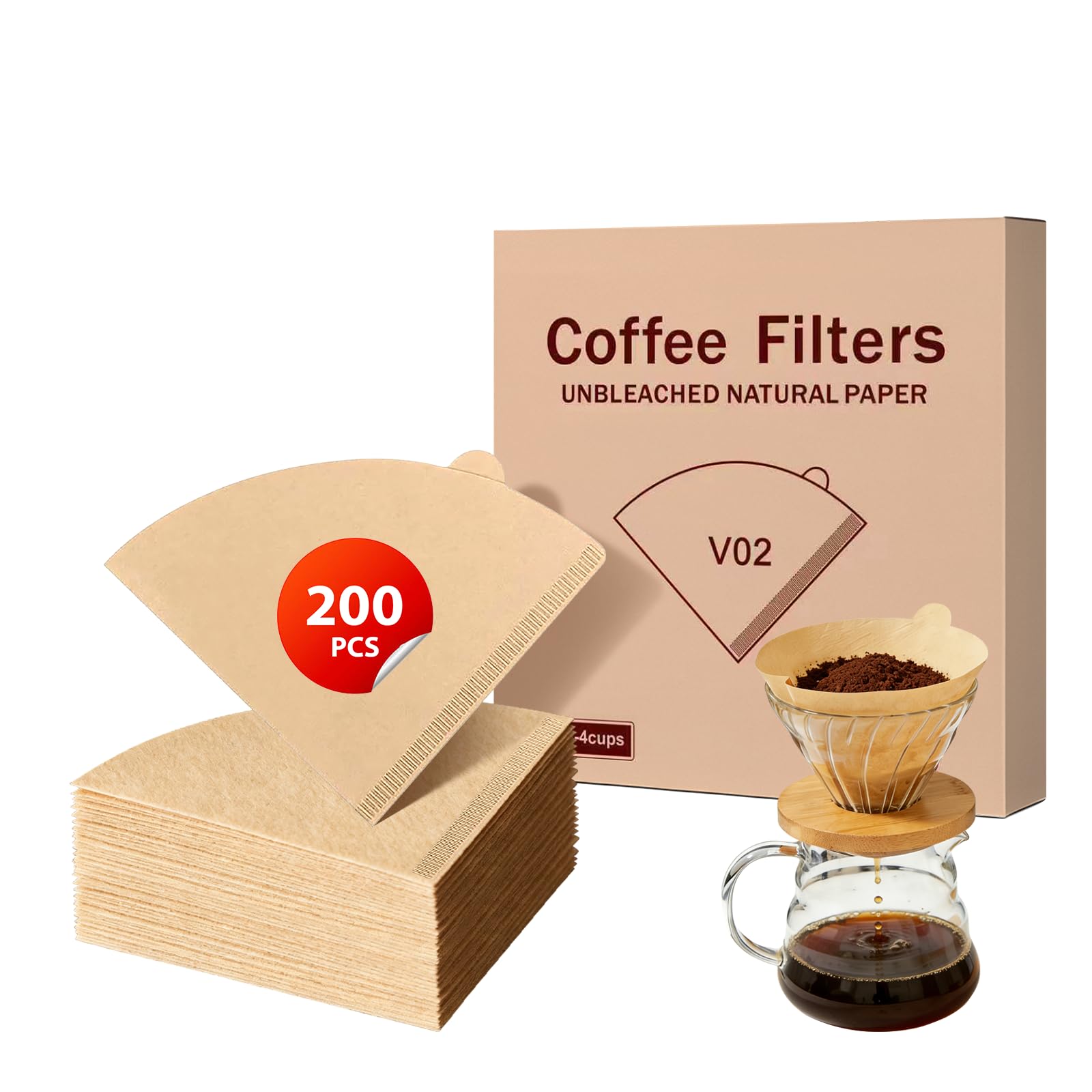 200 Count Coffee Filters #2, Unbleached Cone Coffee Filters 2-4 Cup