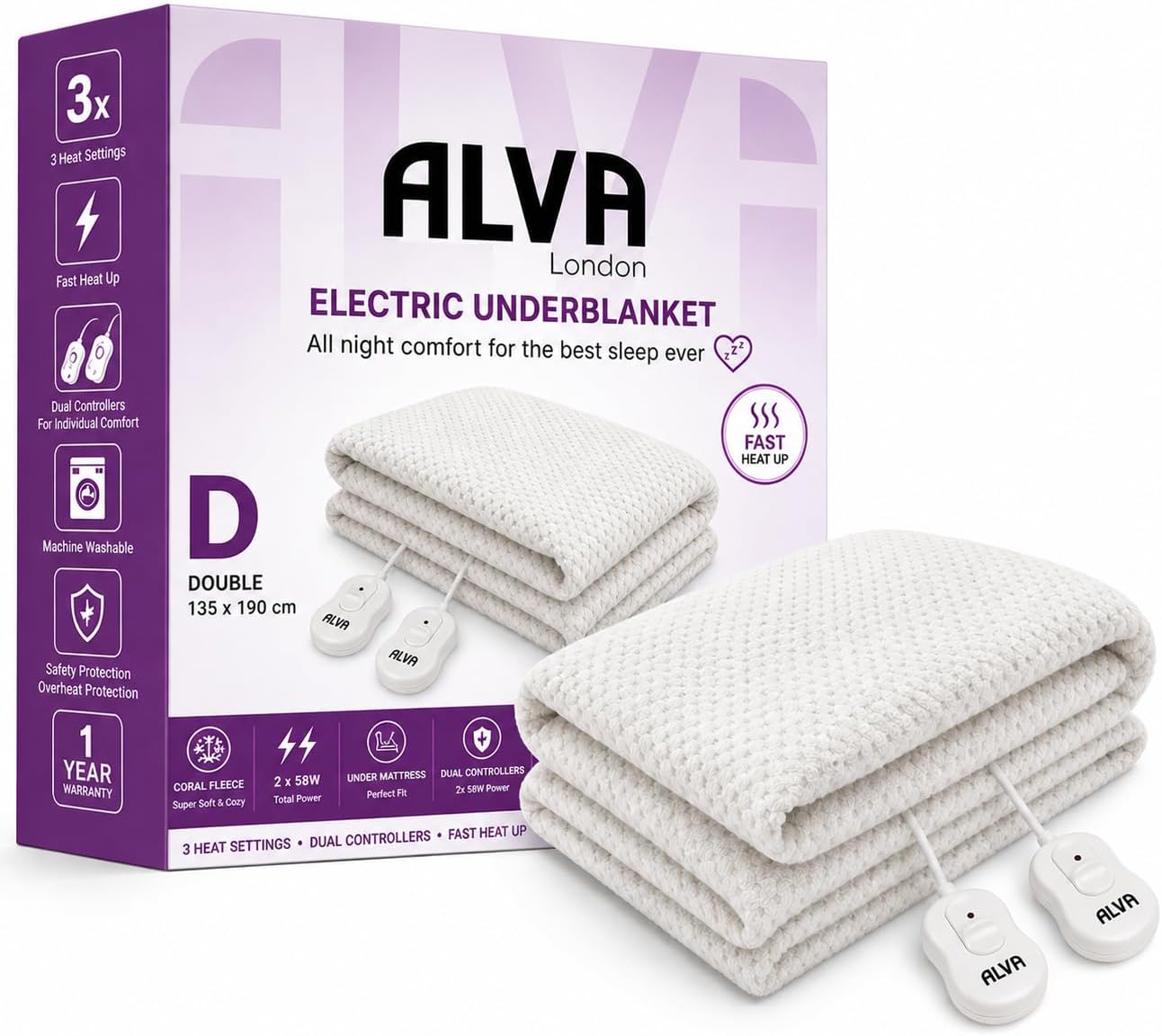 STINGRAY electric underblanket double 135x190cm coral fleece heated mattress pad with dual controllers