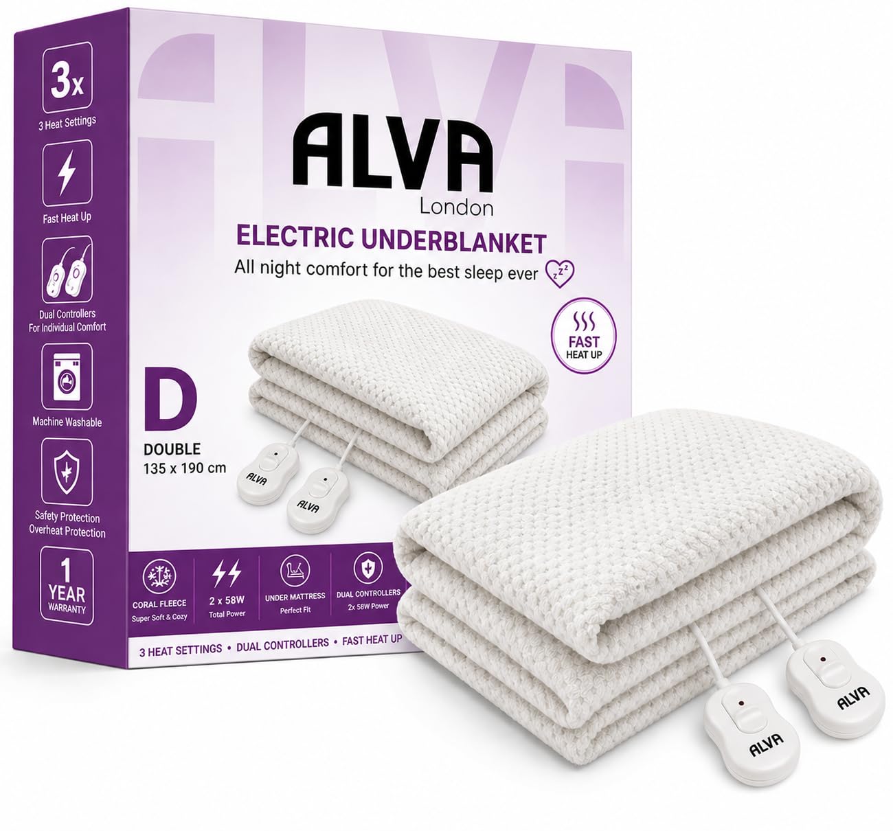 STINGRAY Electric Underblanket Double 135x190cm – Heated Under Mattress Blanket Dual Controllers – 3 Heat Settings – Fast Heat Up – Overheat Protection – Machine Washable – Coral Fleece