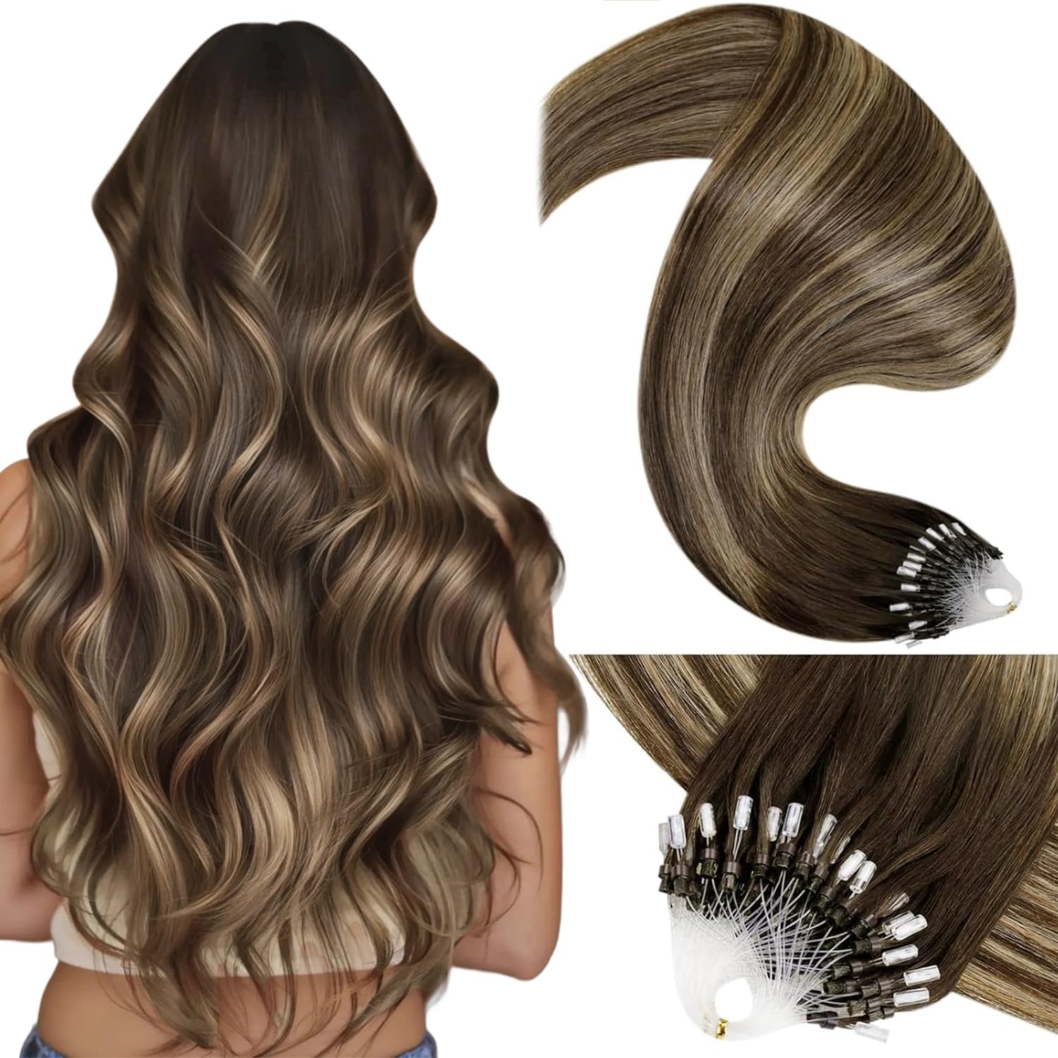 LaaVoo Microlink Hair Extensions Human Hair Brown Micro Ring Extensions Balayage Medium Brown to Caramel Brown Micro Bead Hair Extension Real Human