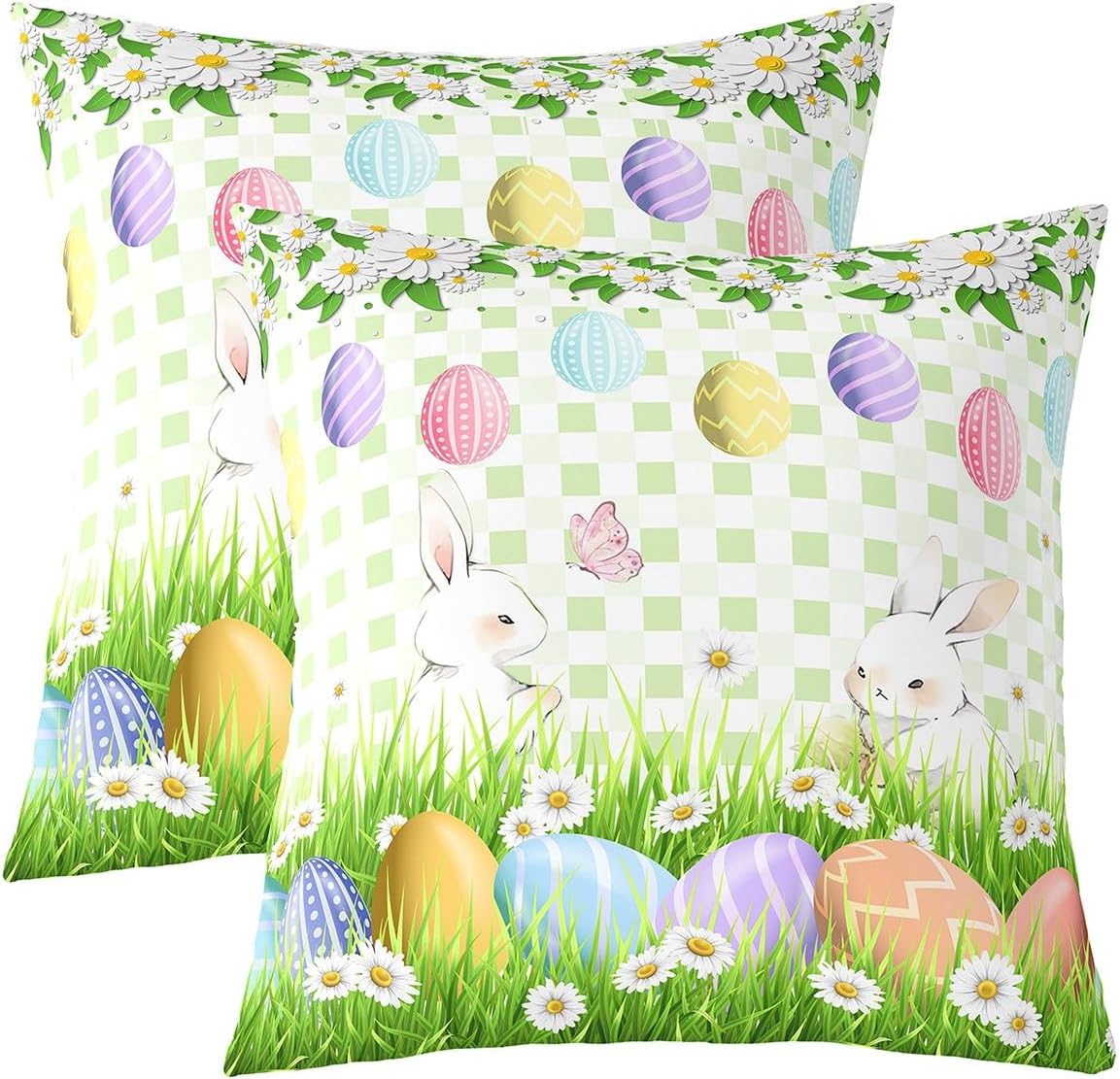 Lovely Rabbits Girls Pillow Covers 22x22 Inch Set of 2 Colorful Eggs Watercolor Butterfly Cushion Cases for Kids Teens Adults Wild Hippie Daisy Spring Rustic Cushion Covers for Couch Bedroom